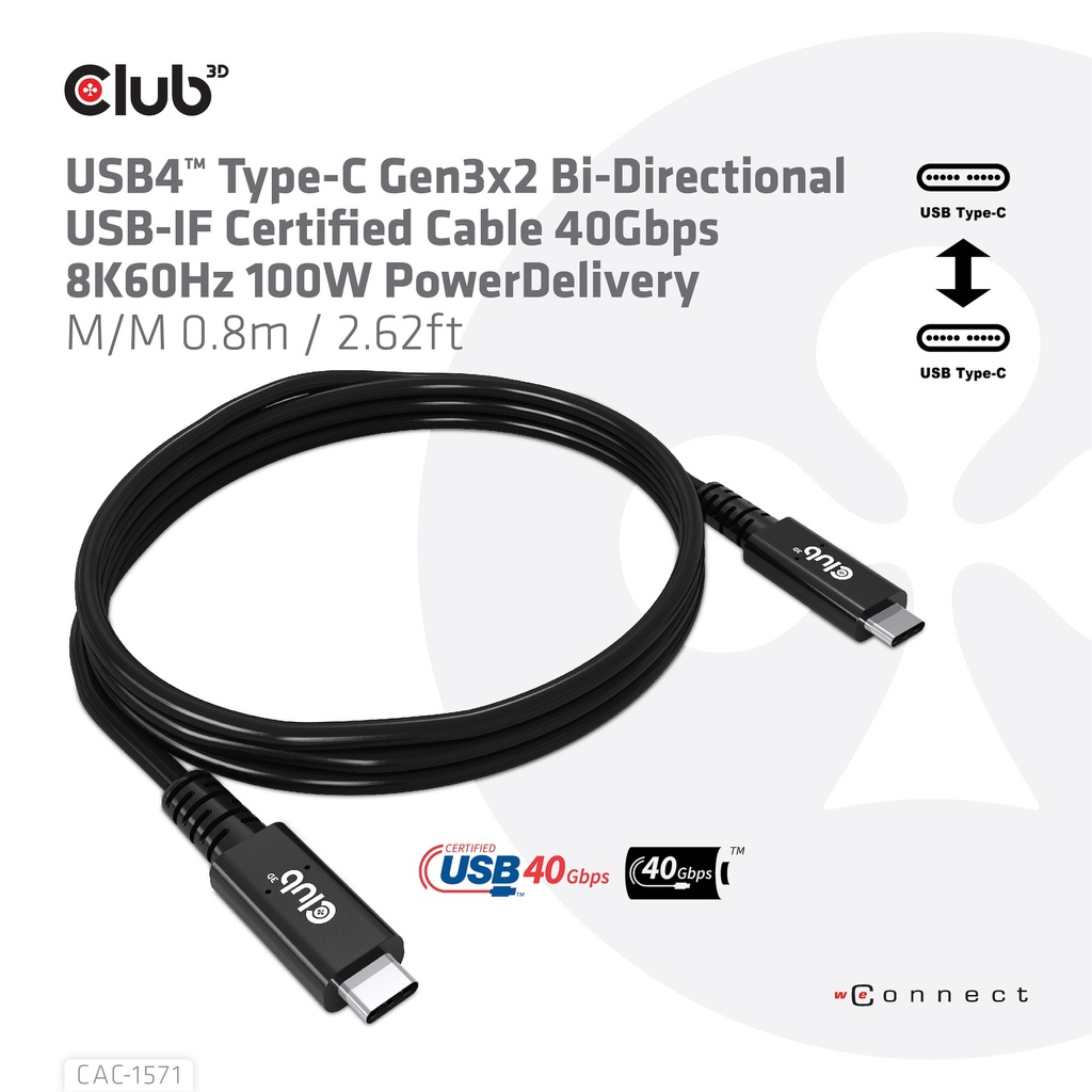 USB-C® 40Gbps USB-IF Certified Cable 8K60Hz 100W Power Delivery M/M 0.8m / 2.62ft - Image 3