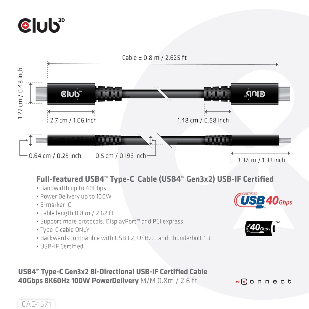 USB-C® 40Gbps USB-IF Certified Cable 8K60Hz 100W Power Delivery M/M 0.8m / 2.62ft - Image 4