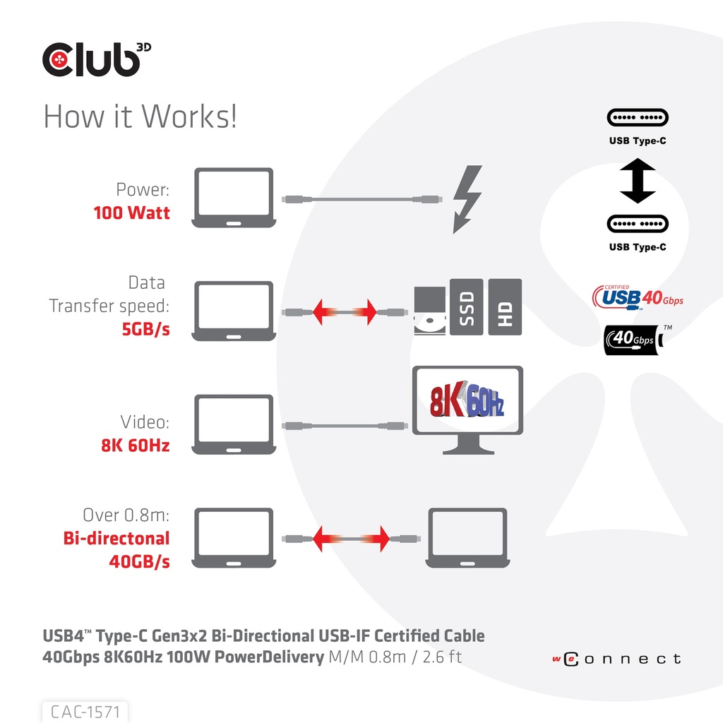 USB-C® 40Gbps USB-IF Certified Cable 8K60Hz 100W Power Delivery M/M 0.8m / 2.62ft - Image 7