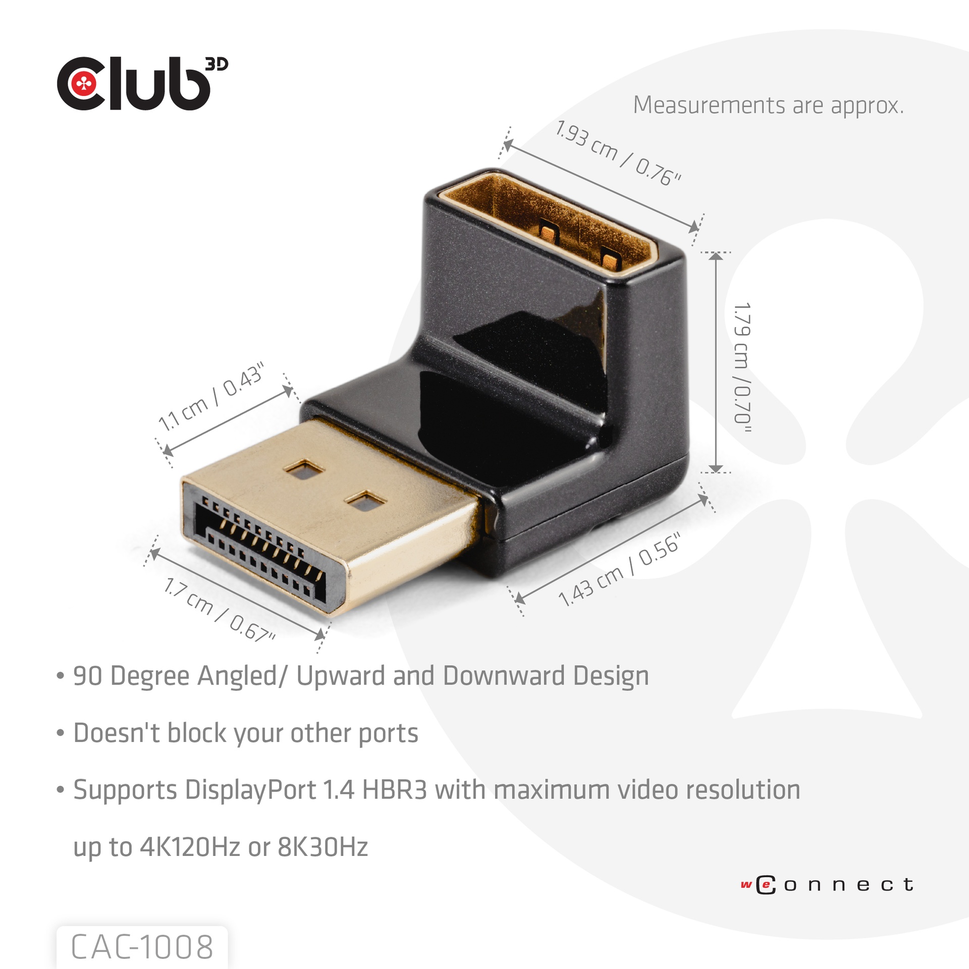 DisplayPort™ Male to DisplayPort™ 1.4 Female 90 Degree Angled Adapter 4K120Hz M/F - Image 2