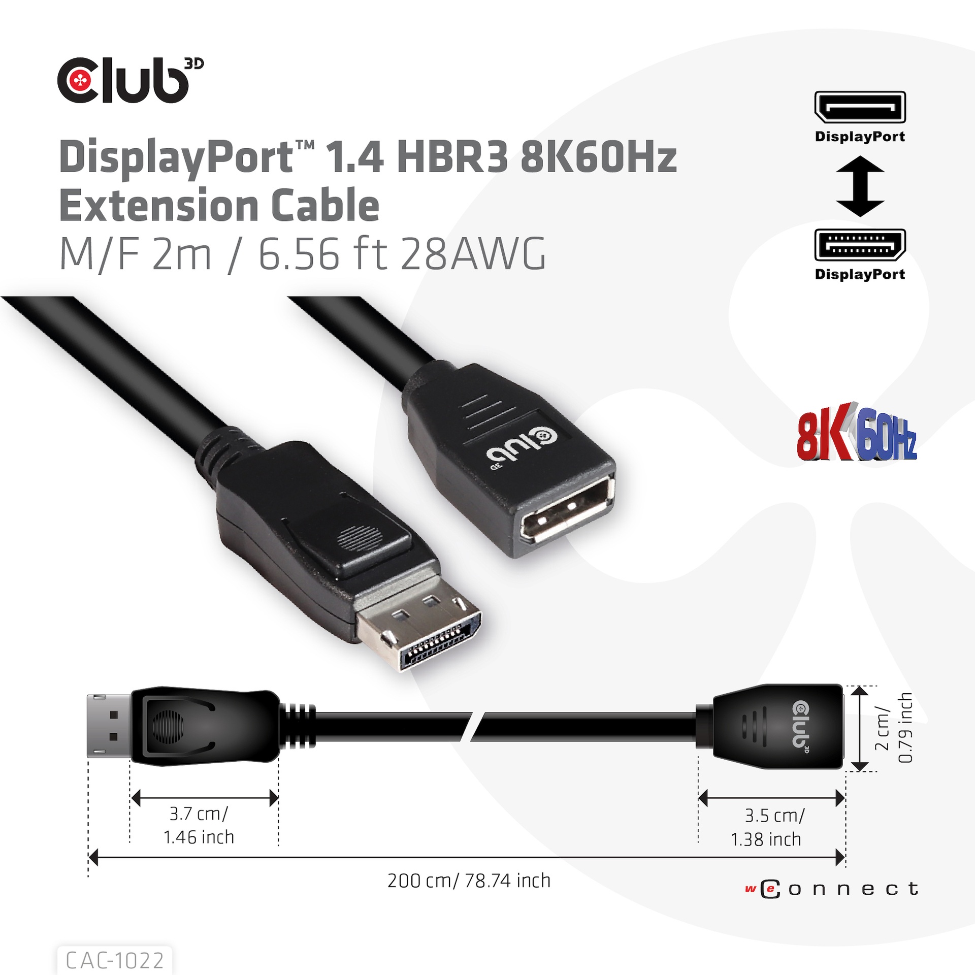 DisplayPort™ 1.4 HBR3 8K60Hz or 4K144Hz Extension Cable M/F 2m / 6.56 ft 28AW - Image 2