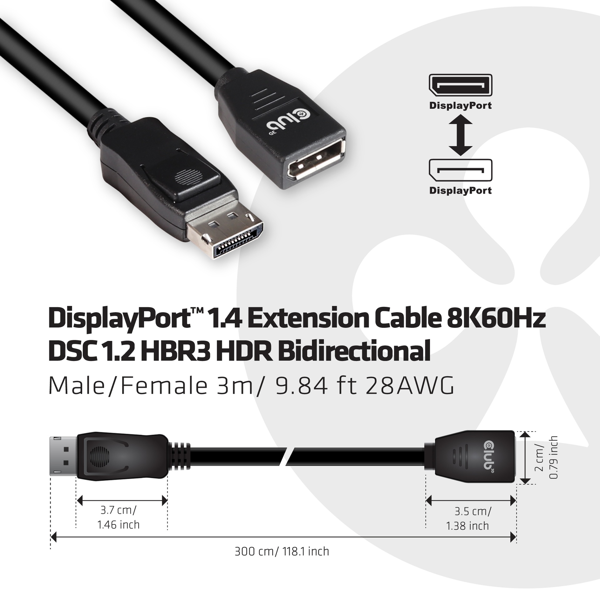 DisplayPort™ 1.4 Extension Cable 8K60Hz DSC 1.2 HBR3 HDR Bidirectional M/F 3m/9.84ft - Image 3
