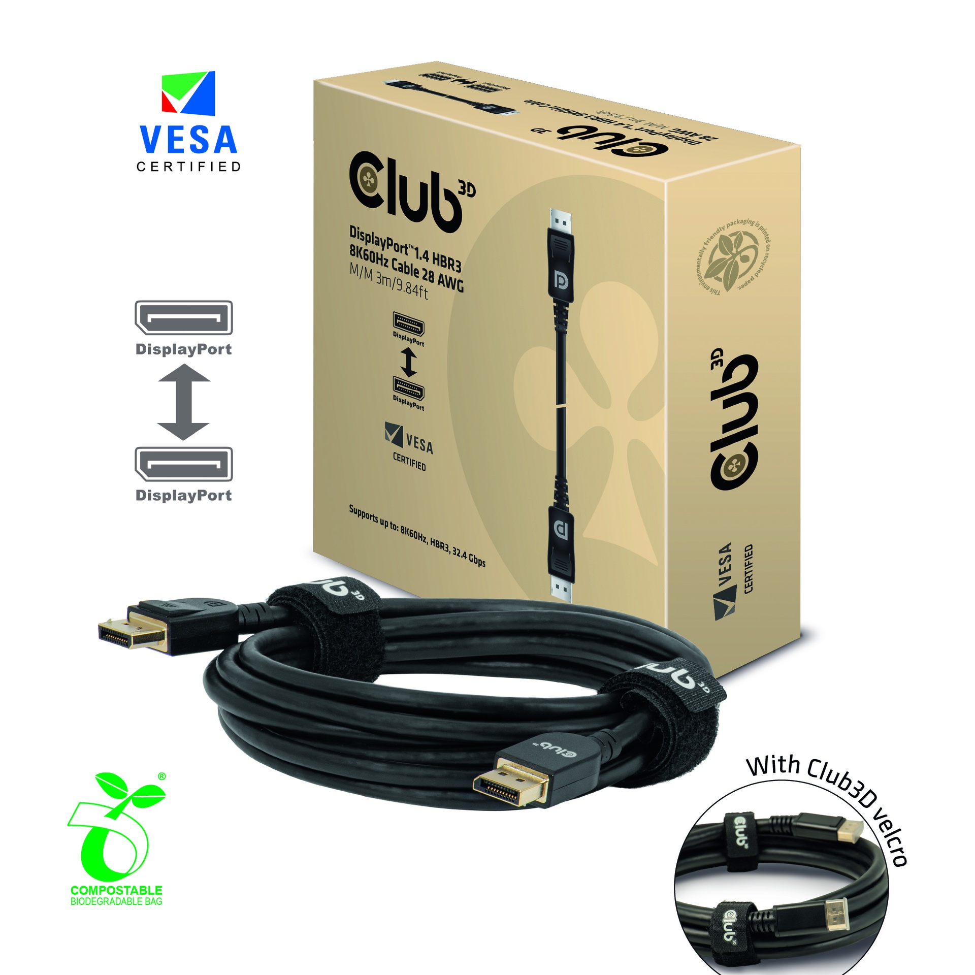 DisplayPort™ 1.4 HBR3 8K 28AWG Cable M/M 3m /9.84ft