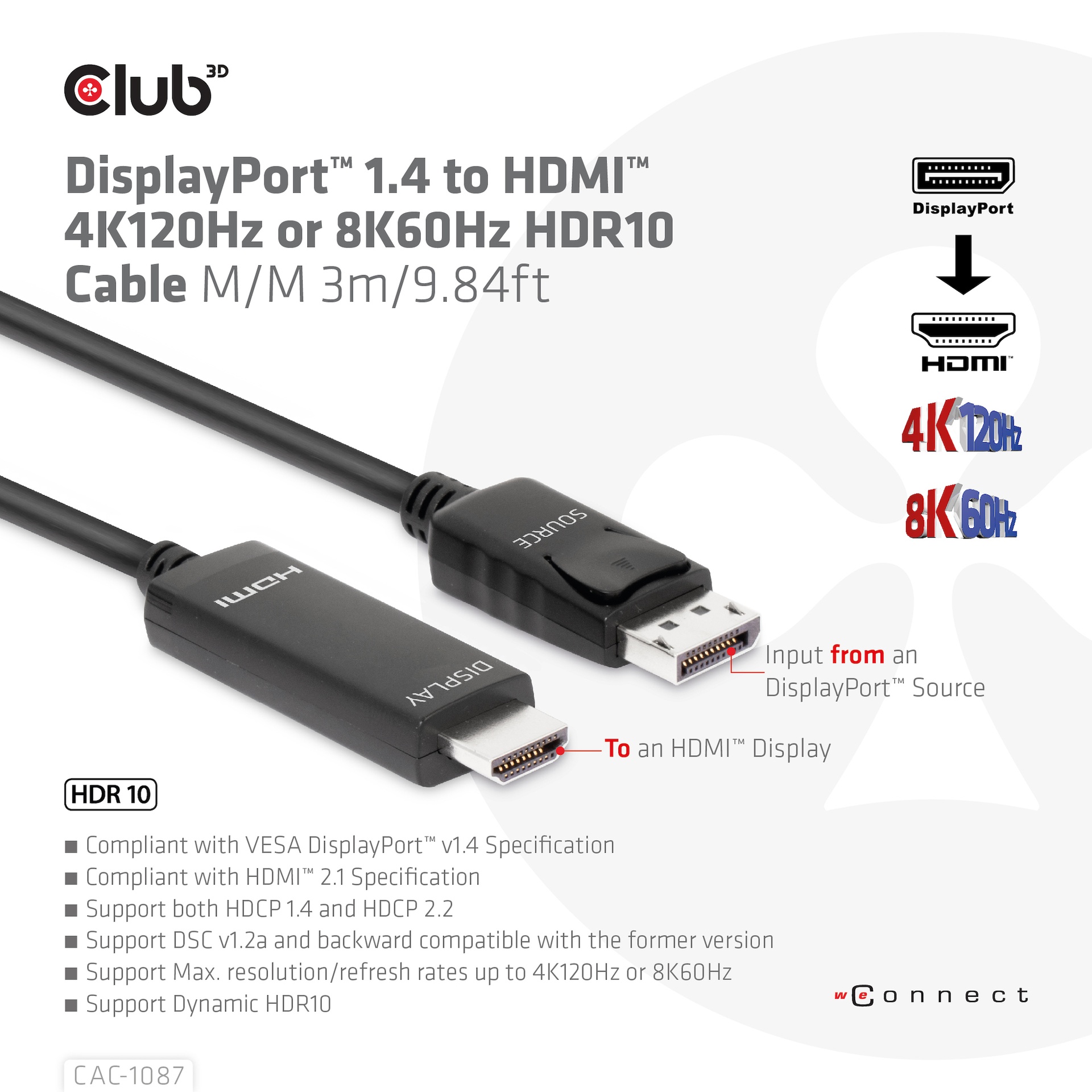 DisplayPort™ 1.4 to HDMI™ 4K120Hz or 8K60Hz HDR10 Cable M/M 3m/9.84ft - Image 2