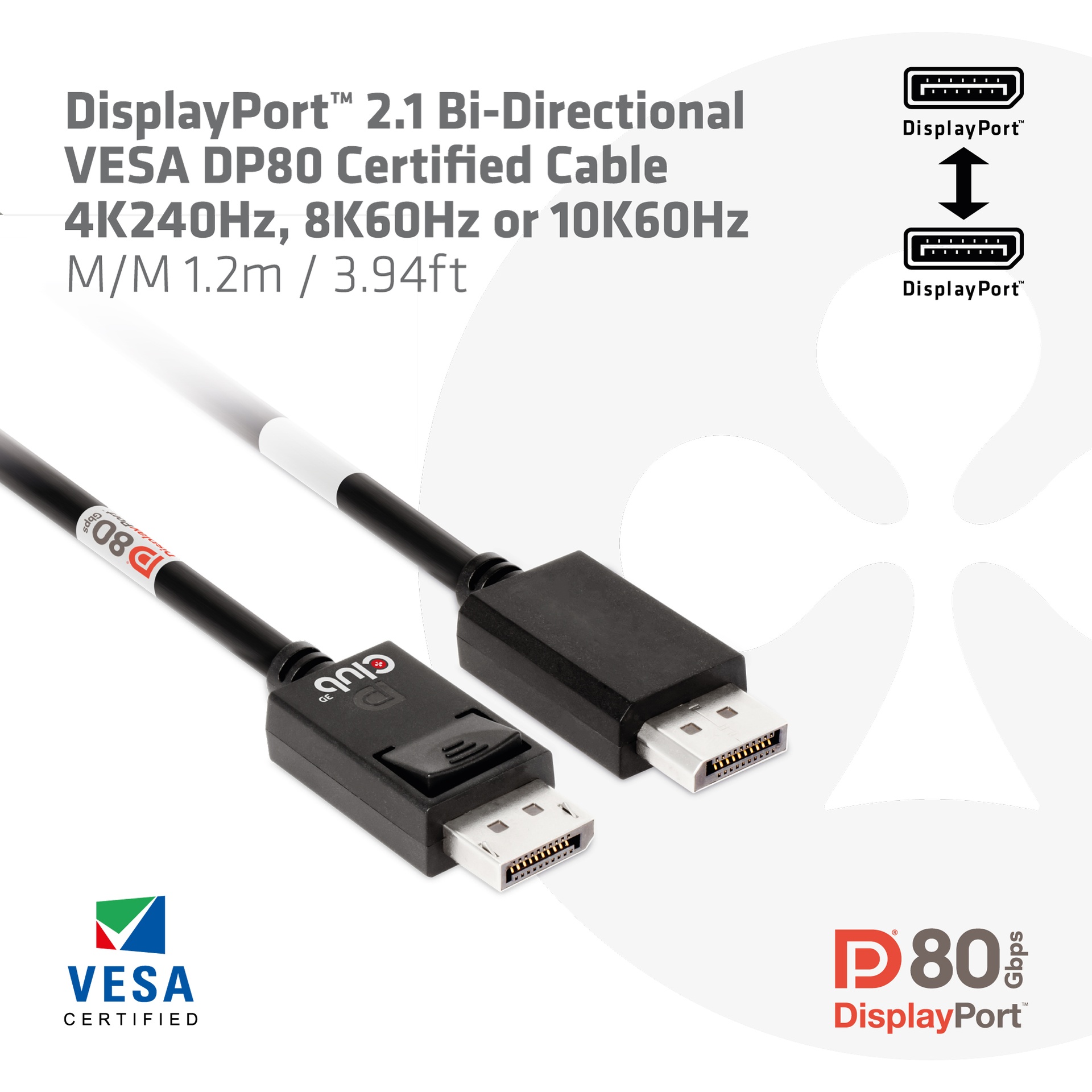 DisplayPort™ 2.1  VESA DP™80 Certified Cable 4K240Hz, 8K60Hz or 10K60Hz M/M 1.2m/3.94ft - Image 2