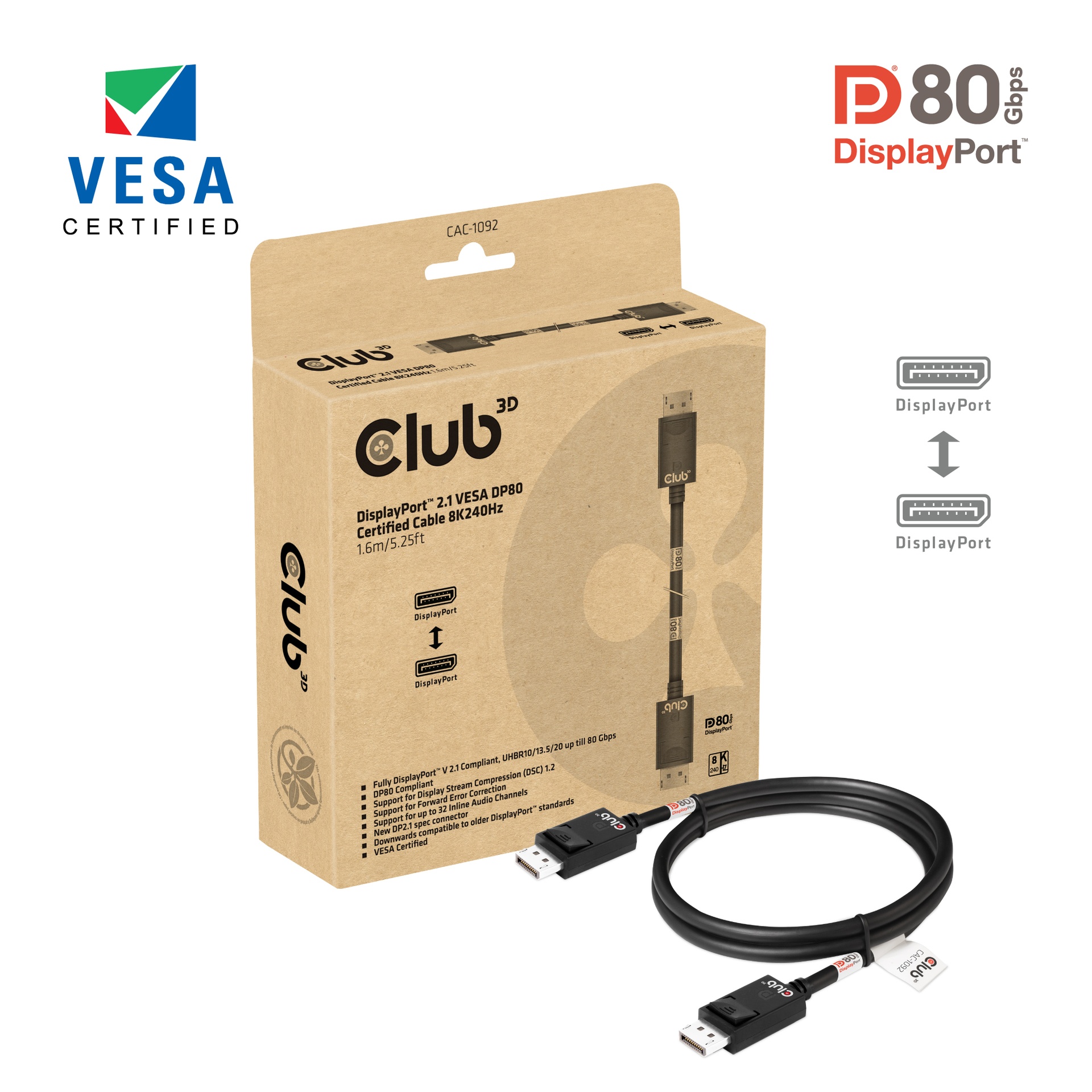 DisplayPort™ 2.1 VESA DP™80 Certified Cable 8K240Hz 1.6m/5.25ft