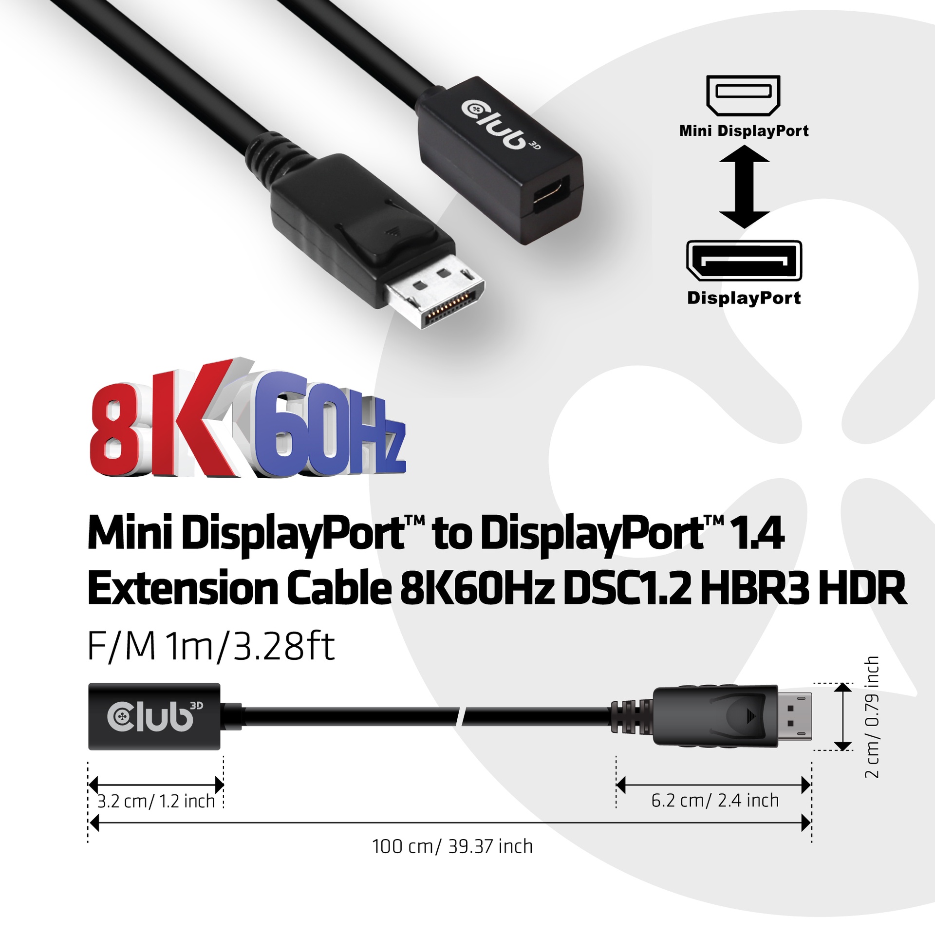 Mini DisplayPort™ 1.4 to DisplayPort™ Extension Cable 8K60Hz DSC 1.2 HBR3 HDR Bidirectional F/M 1m/3.28ft - Image 6