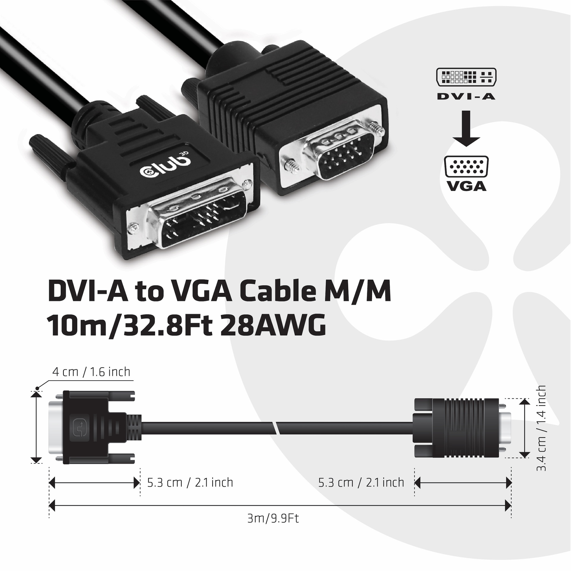 DVI-A to VGA Cable M/M 3m/9.9 ft 28AWG - Image 2