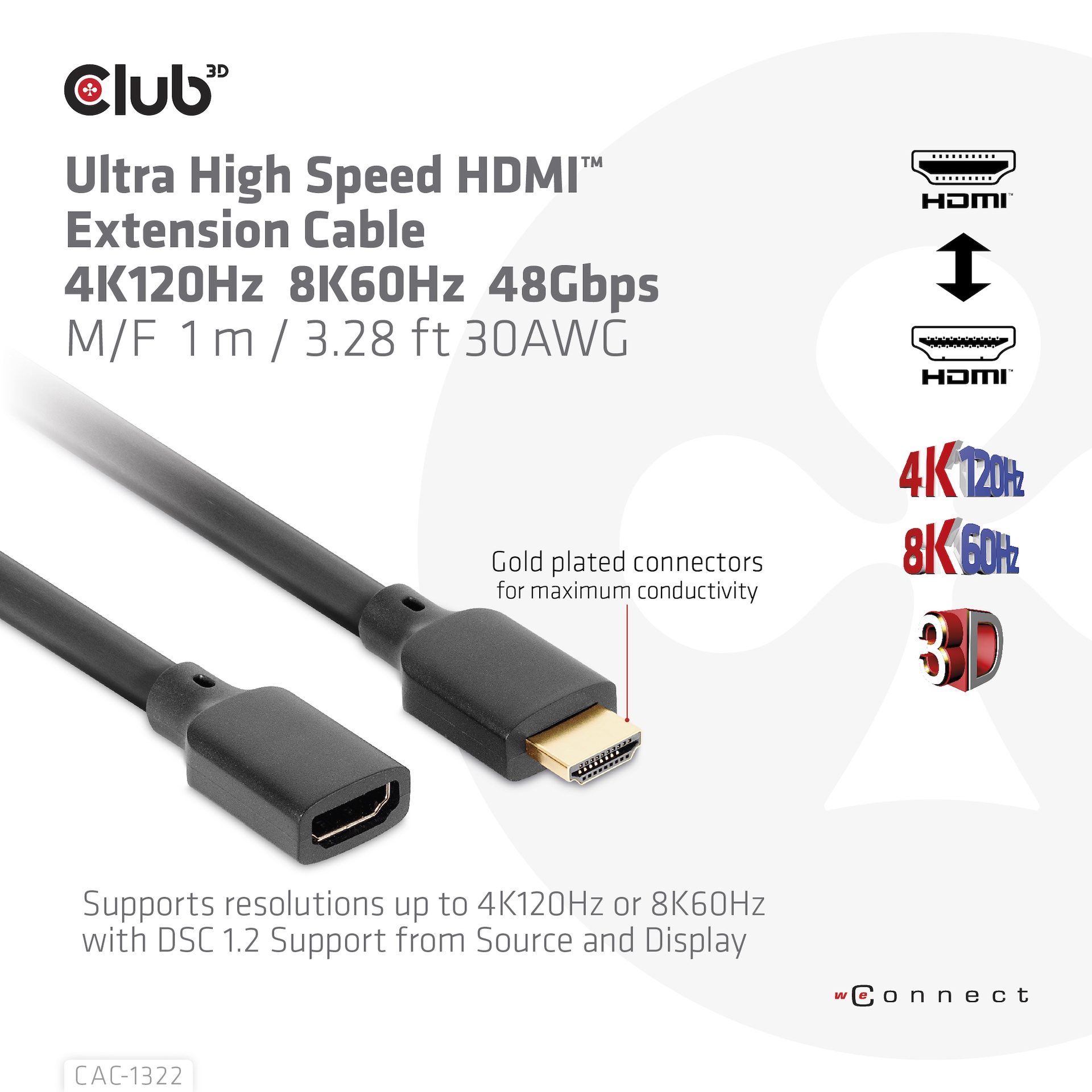 Ultra High Speed HDMI™ Extension Cable 4K120Hz 8K60Hz 48Gbps M/F 1 m / 3.28 ft 30AWG - Image 2