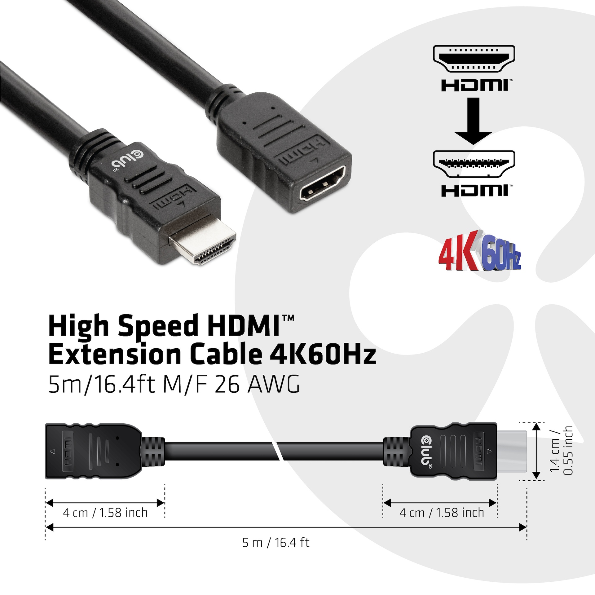 High Speed HDMI™ Extension Cable 4K60Hz M/F 5m/16.4ft 26 AWG - Image 2