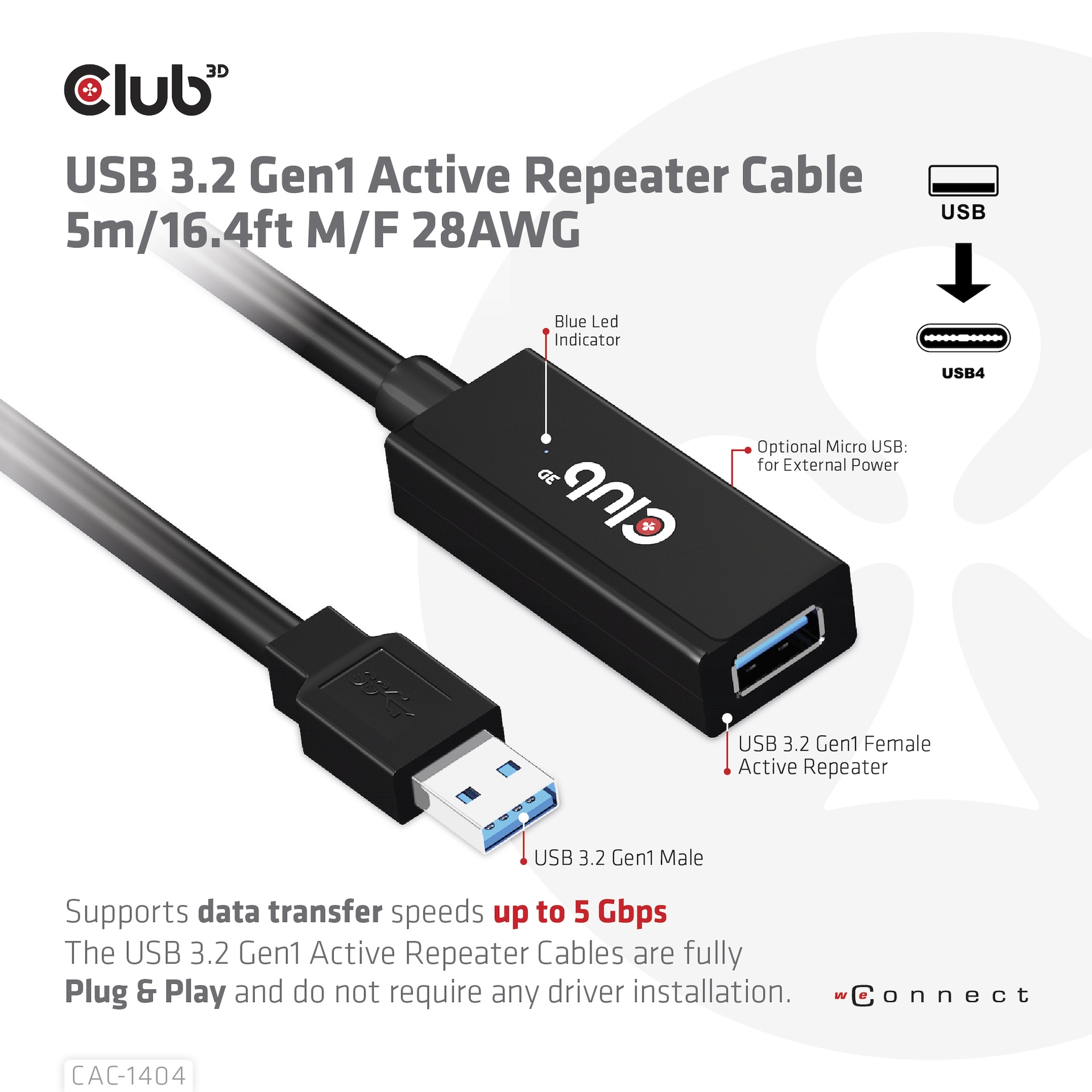 USB-A 5Gbps Active Repeater Cable 5m/ 16.4 ft M/F 28AWG USB 3.2 GEN 1 - Image 2