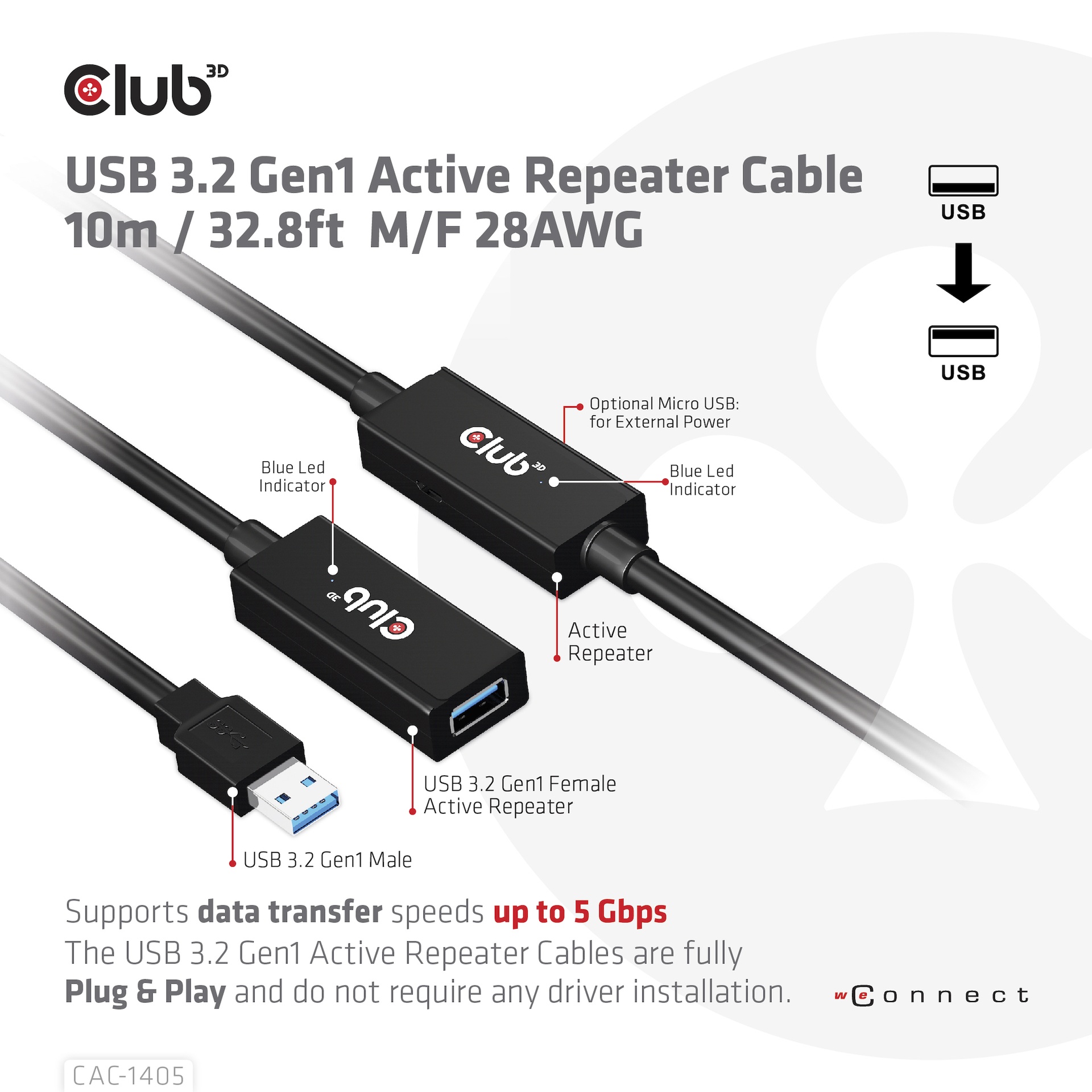 USB-A 5Gbps Active Repeater Cable 10m / 32.8ft M/F 28AWG USB 3.2 GEN 1 - Image 2