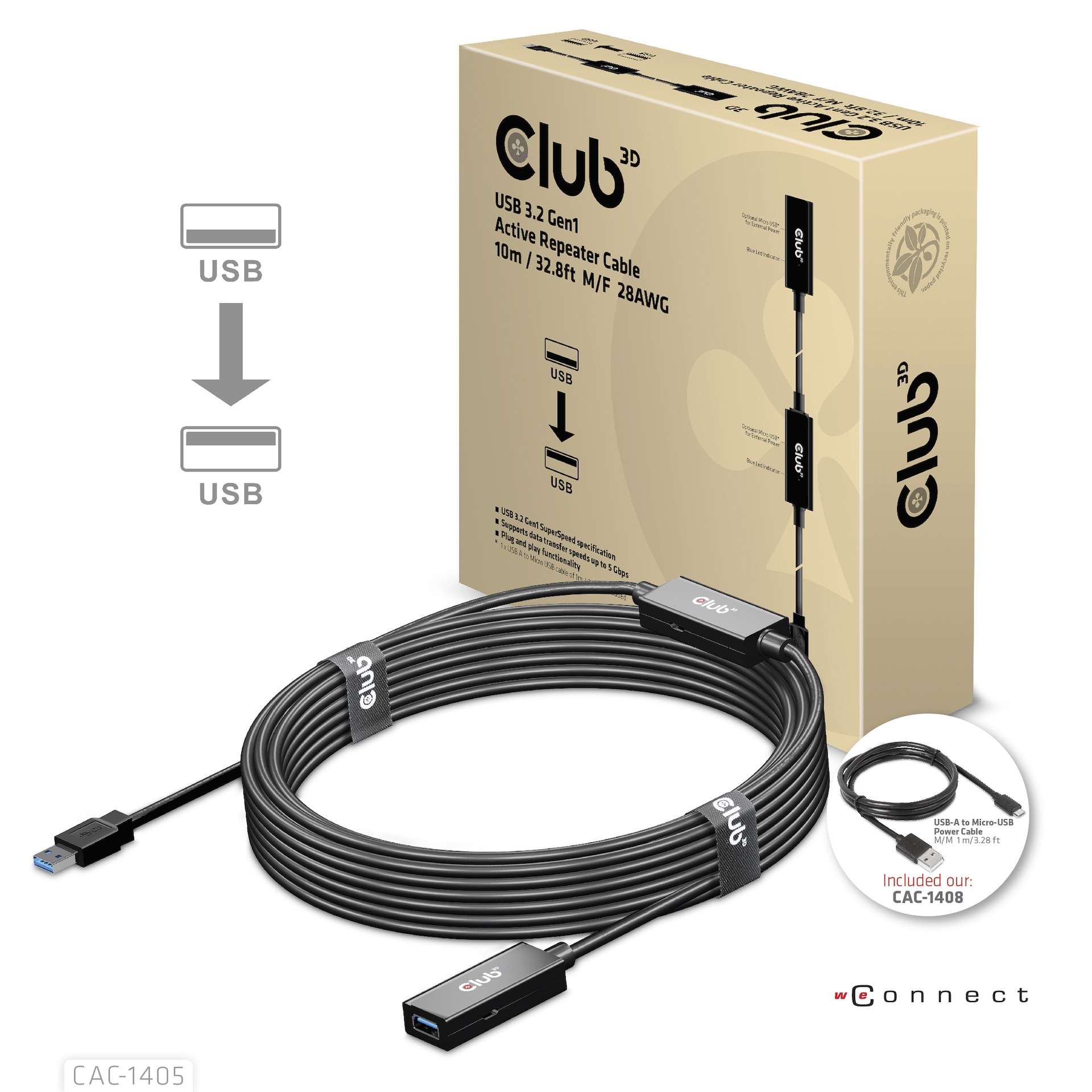 USB-A 5Gbps Active Repeater Cable 10m / 32.8ft M/F 28AWG USB 3.2 GEN 1