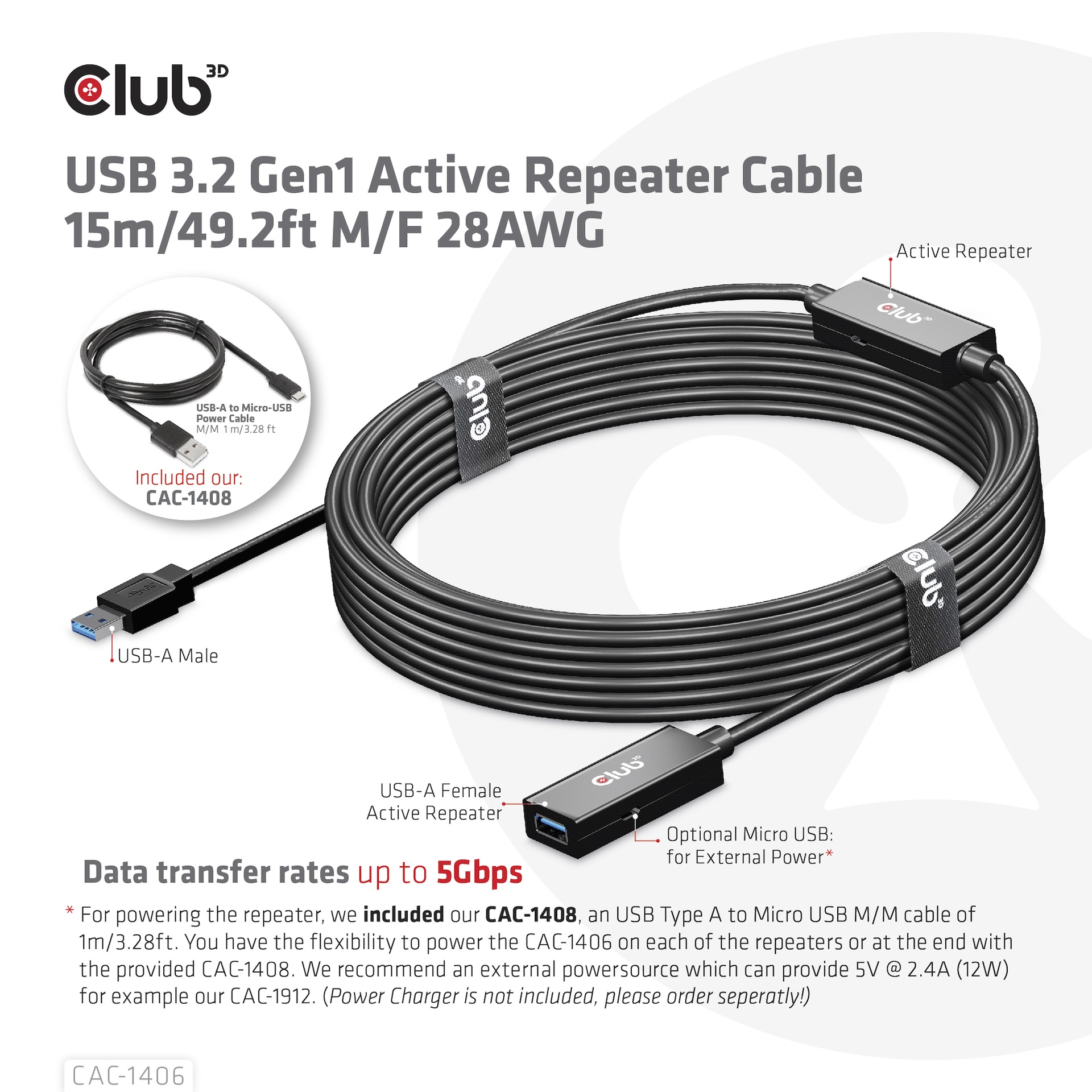 USB-A 5Gbps Active Repeater Cable 15m/ 49.2 ft M/F 28AWG USB 3.2 GEN 1 - Image 5