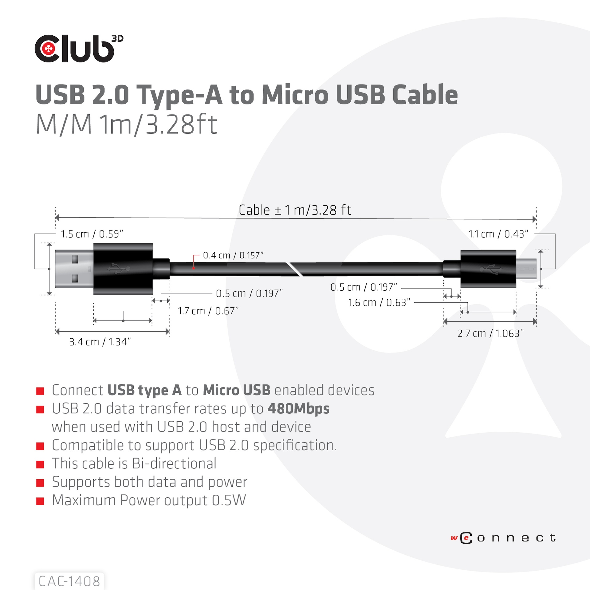 USB-A 480Mbps to Micro USB Cable M/M 1m /3.28ft - Image 3