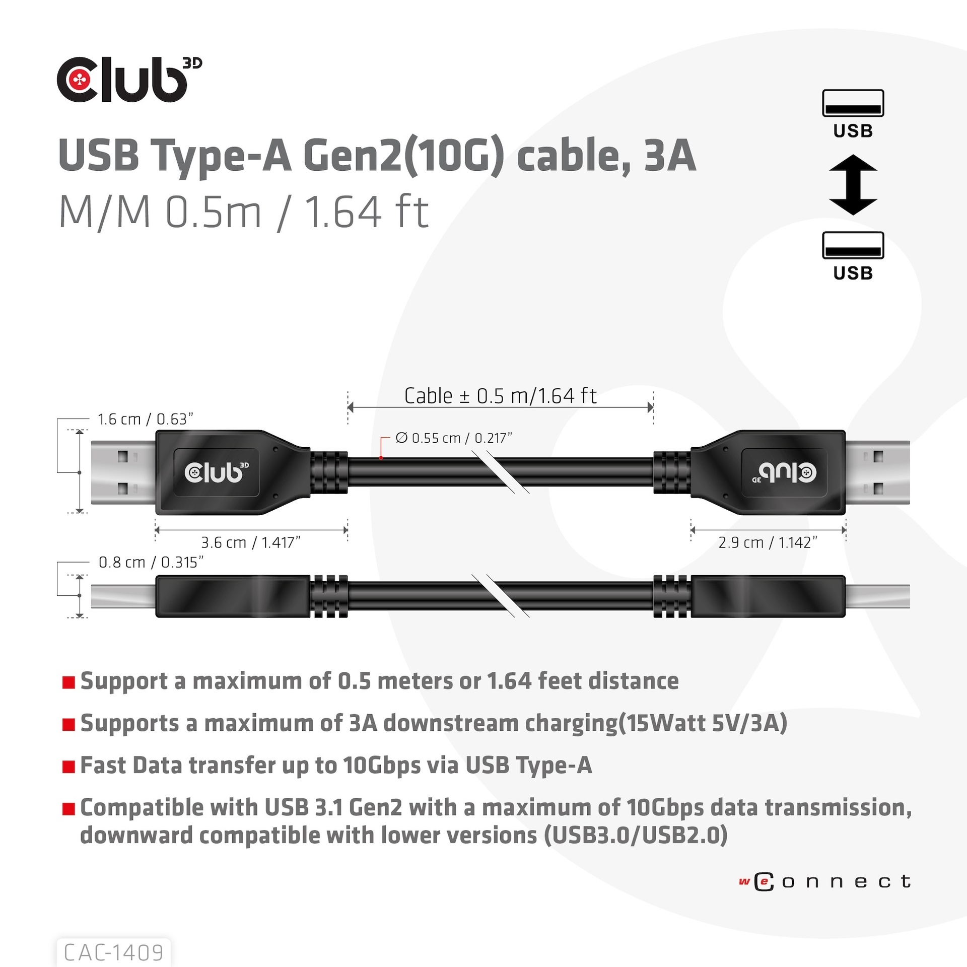 USB-A 10Gbps Cable, 3A M/M 0.5m / 1.64 ft - Image 3
