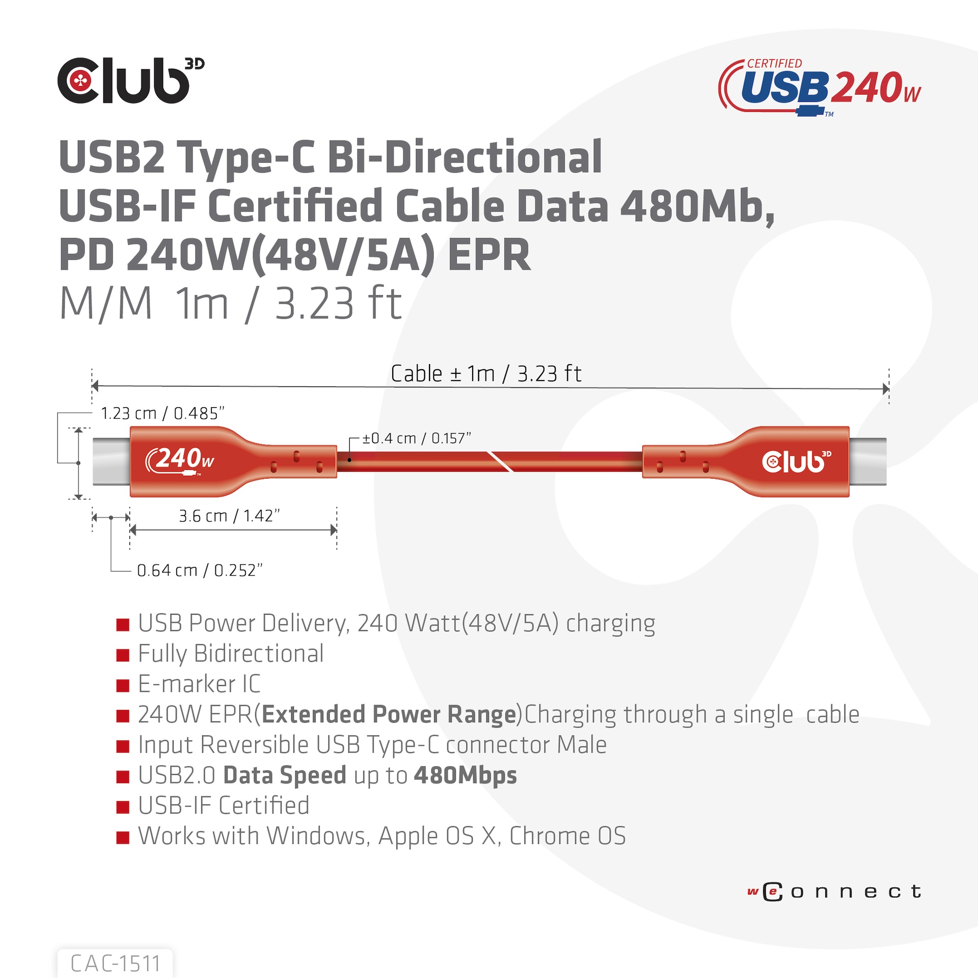 USB-C® to USB-C® USB-IF Certified Cable, Data 480Mb, PD 240W(48V/5A) EPR M/M 1m/3.23ft - Image 3