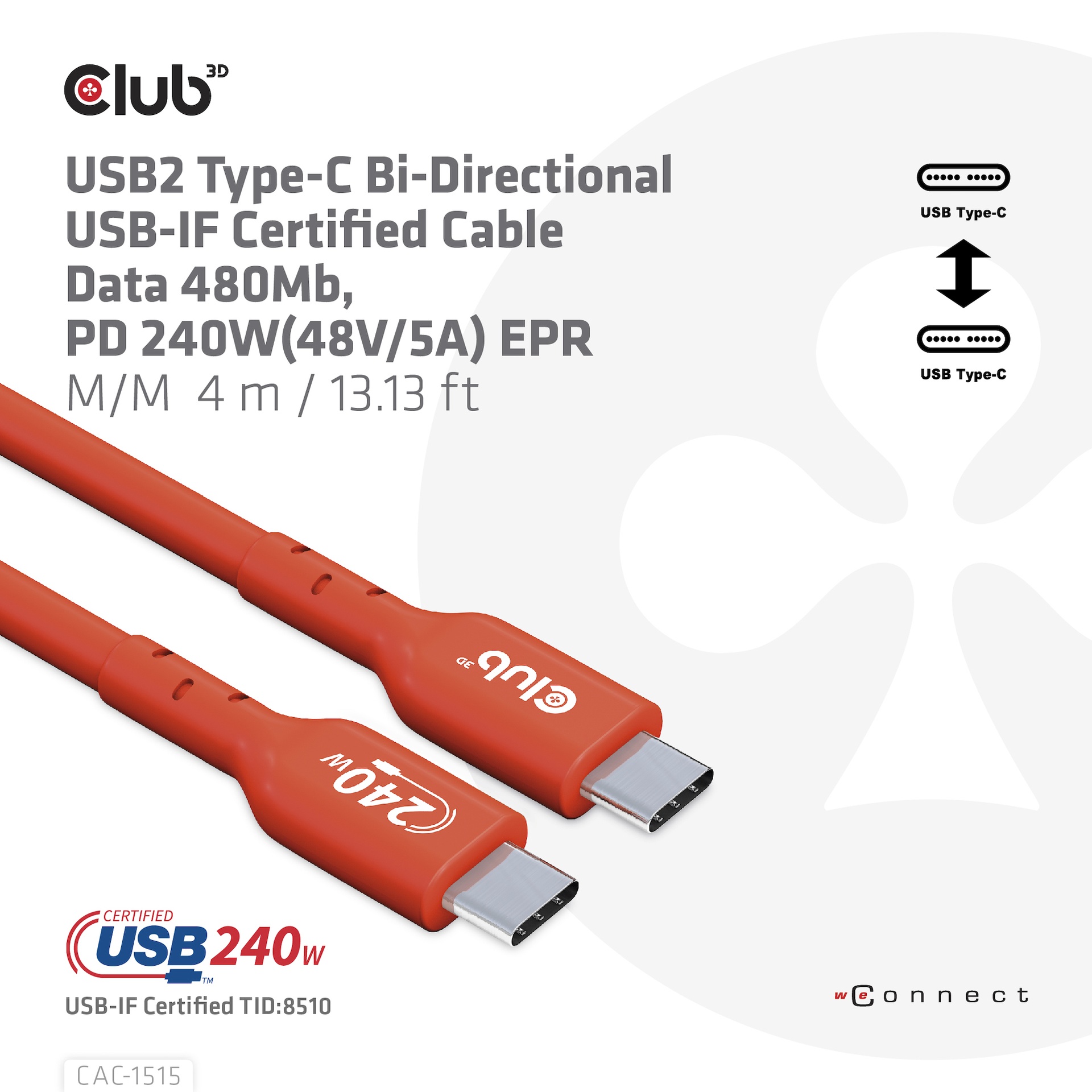 USB-C®  USB-IF Certified Cable, Data 480Mb, PD 240W(48V/5A) EPR M/M 4m/13.12ft - Image 2
