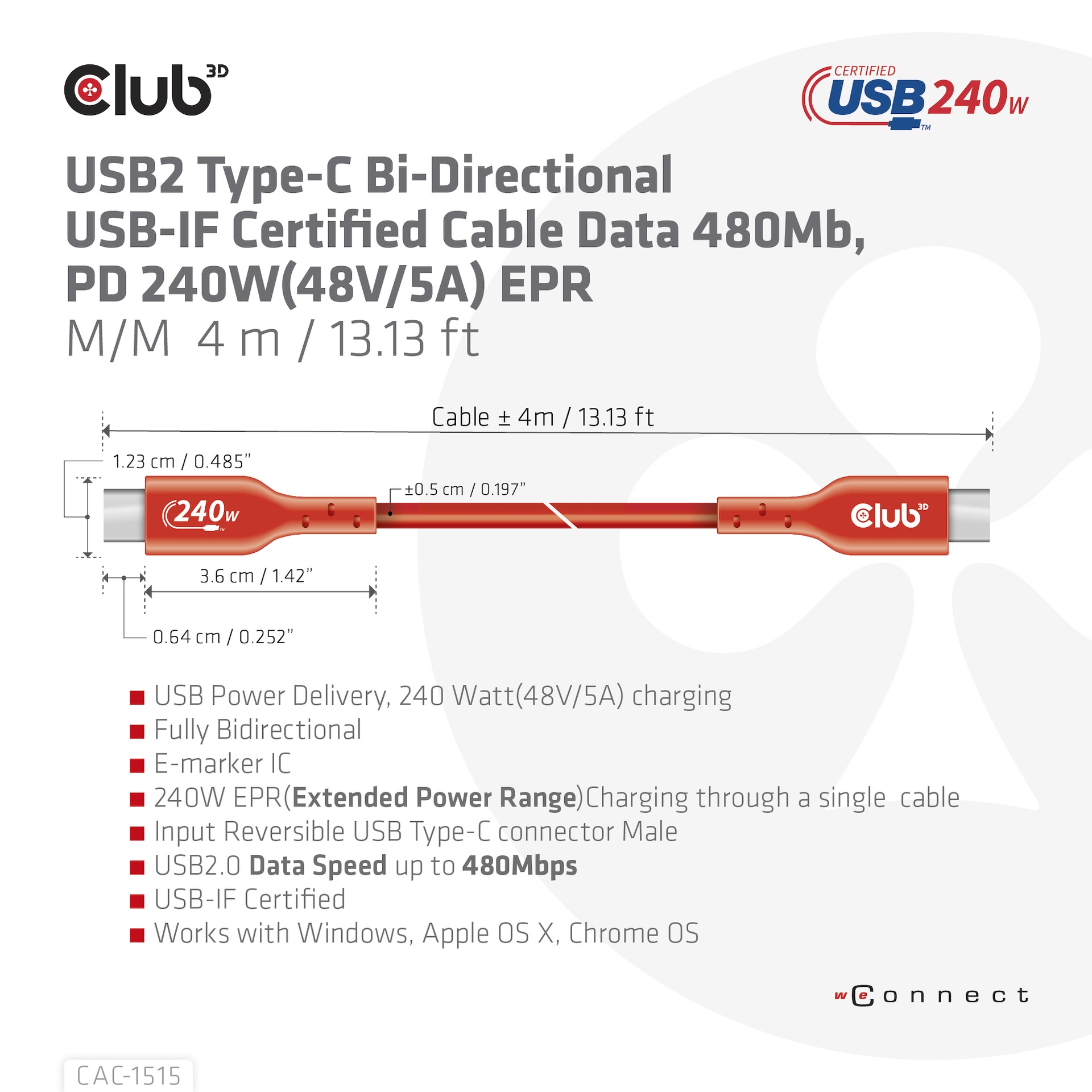 USB-C®  USB-IF Certified Cable, Data 480Mb, PD 240W(48V/5A) EPR M/M 4m/13.12ft - Image 3