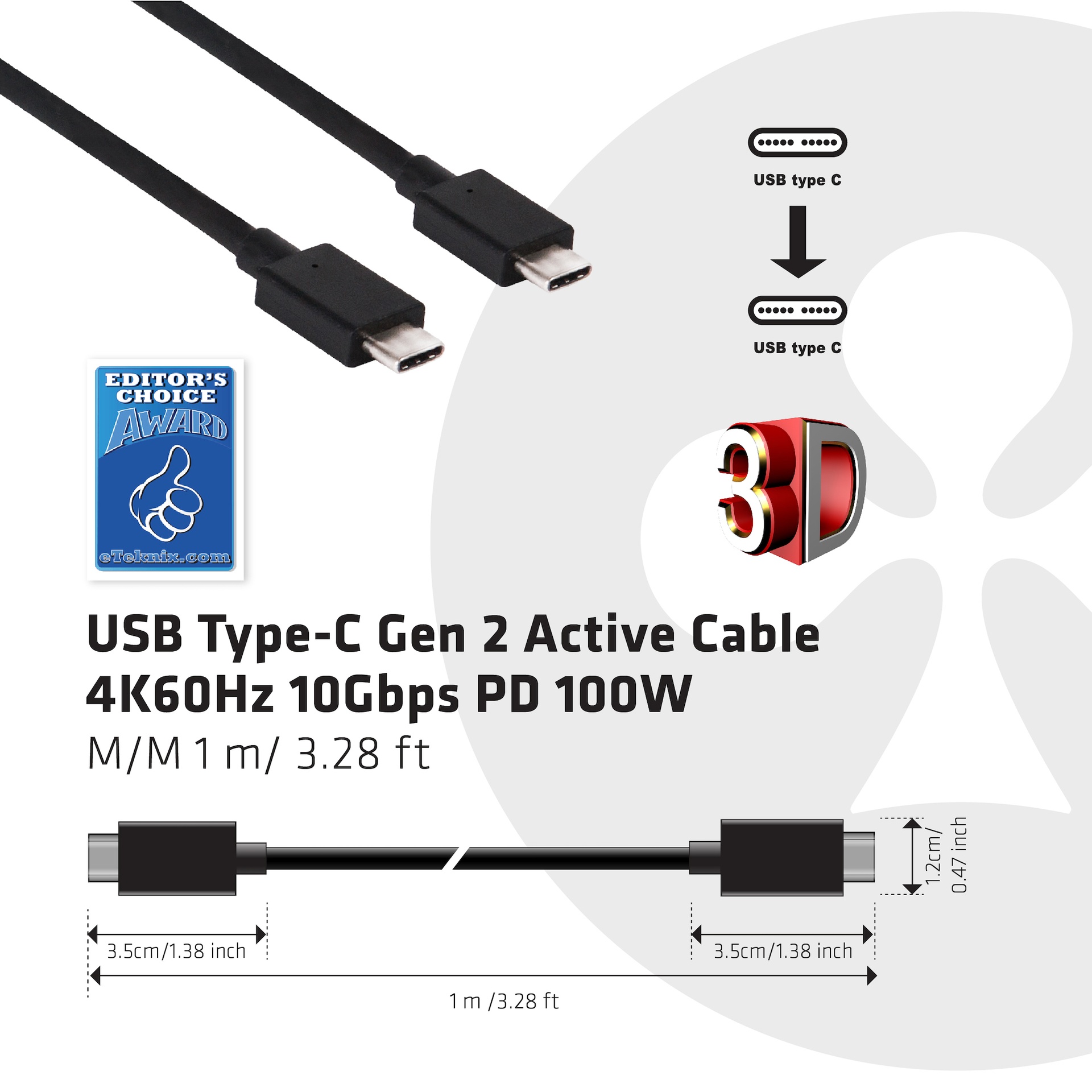 USB-C® Active Cable 4K60Hz 10Gbps PD 100W M/M 1 m/ 3.28 ft USB 3.1 Gen 2×1 (10 Gb/s) - Image 2