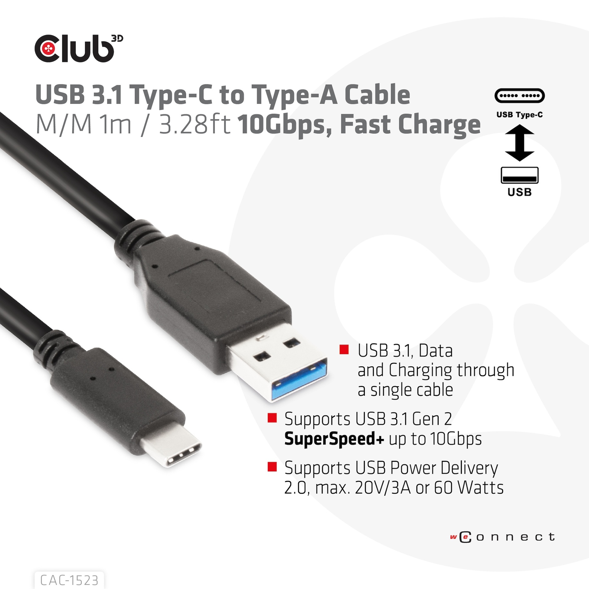 USB-C® to -A Cable 10Gbps PD 60W M/M 1m/3.28ft USB 3.1 - Image 2
