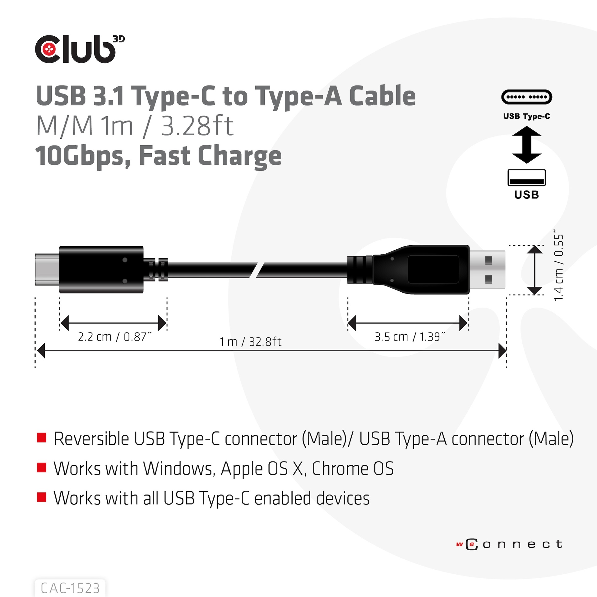 USB-C® to -A Cable 10Gbps PD 60W M/M 1m/3.28ft USB 3.1 - Image 3