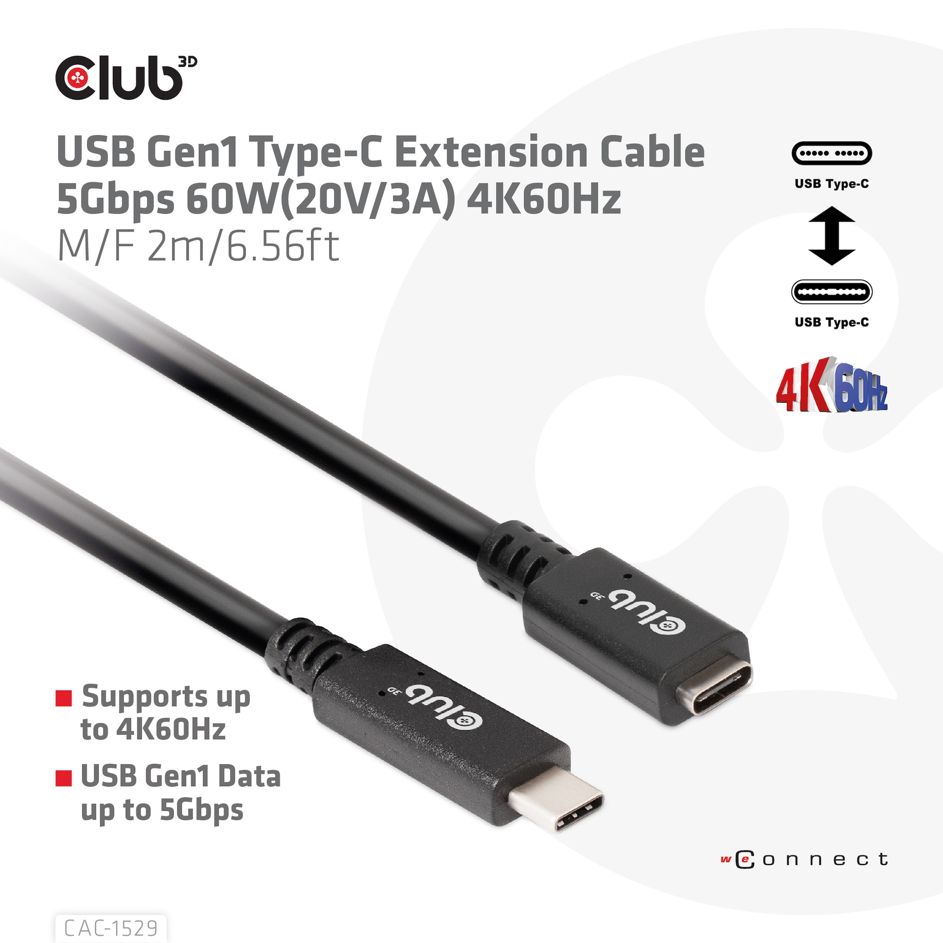 USB-C® Extension Cable 5Gbps 60W(20V/3A) 4K60Hz M/F 2m/6.56ft - Image 2