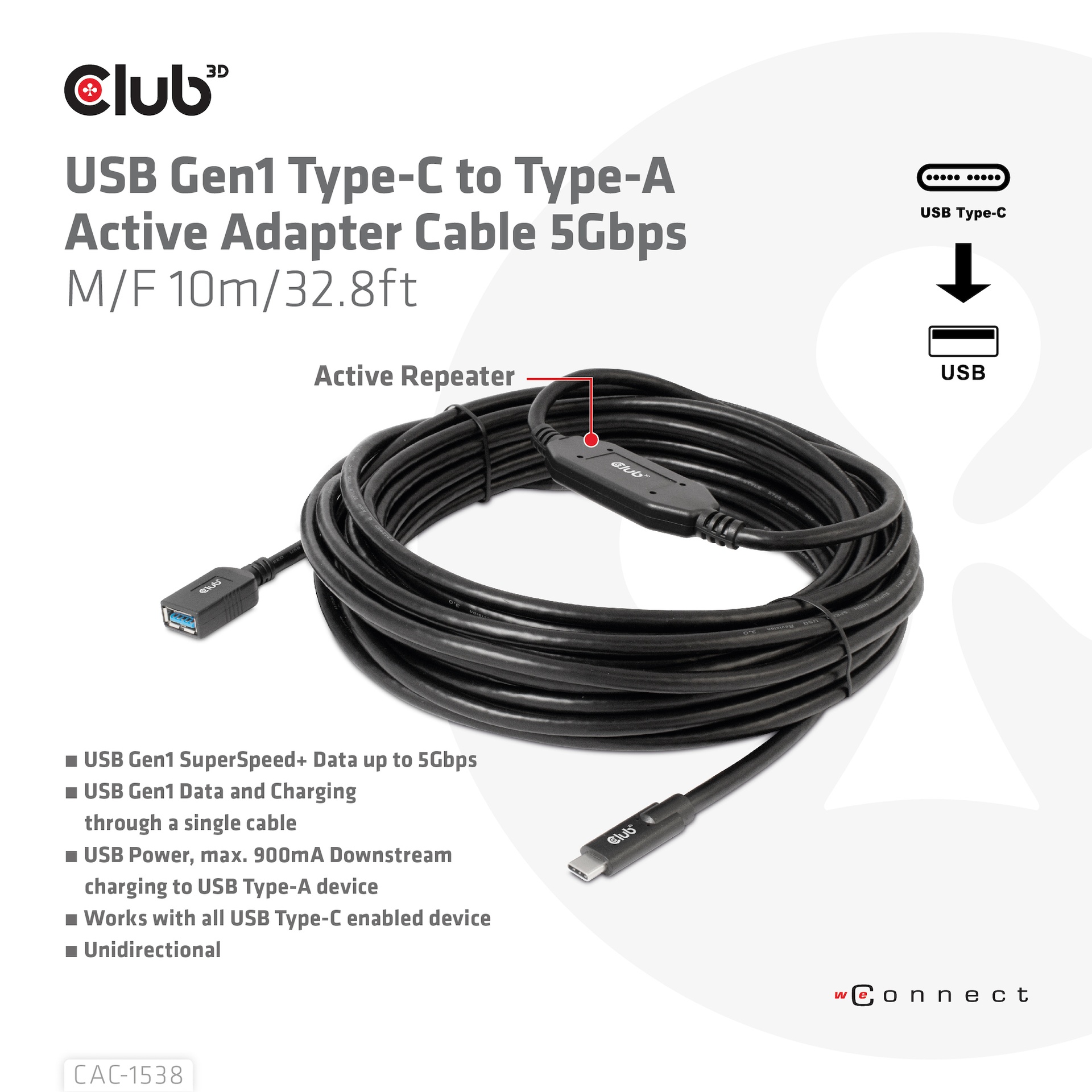 USB-C® to -A Active Adapter Cable 5Gbps M/F 10m/32.8ft USB 3.2 GEN 1 - Image 2