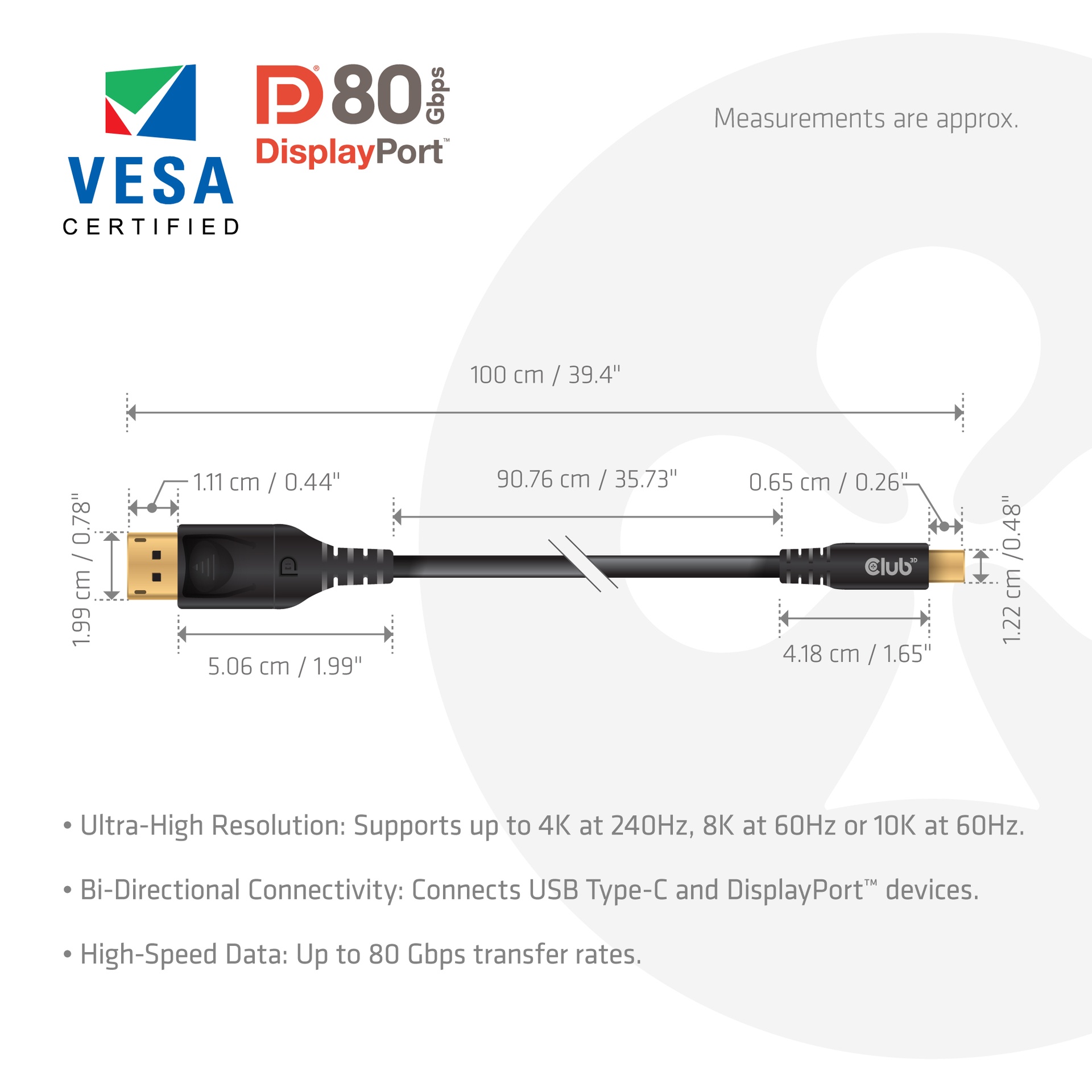 USB-C® to DisplayPort™ DP™80 Bidirectional Vesa Certified Cable 1m/ 3.28 ft - Image 3