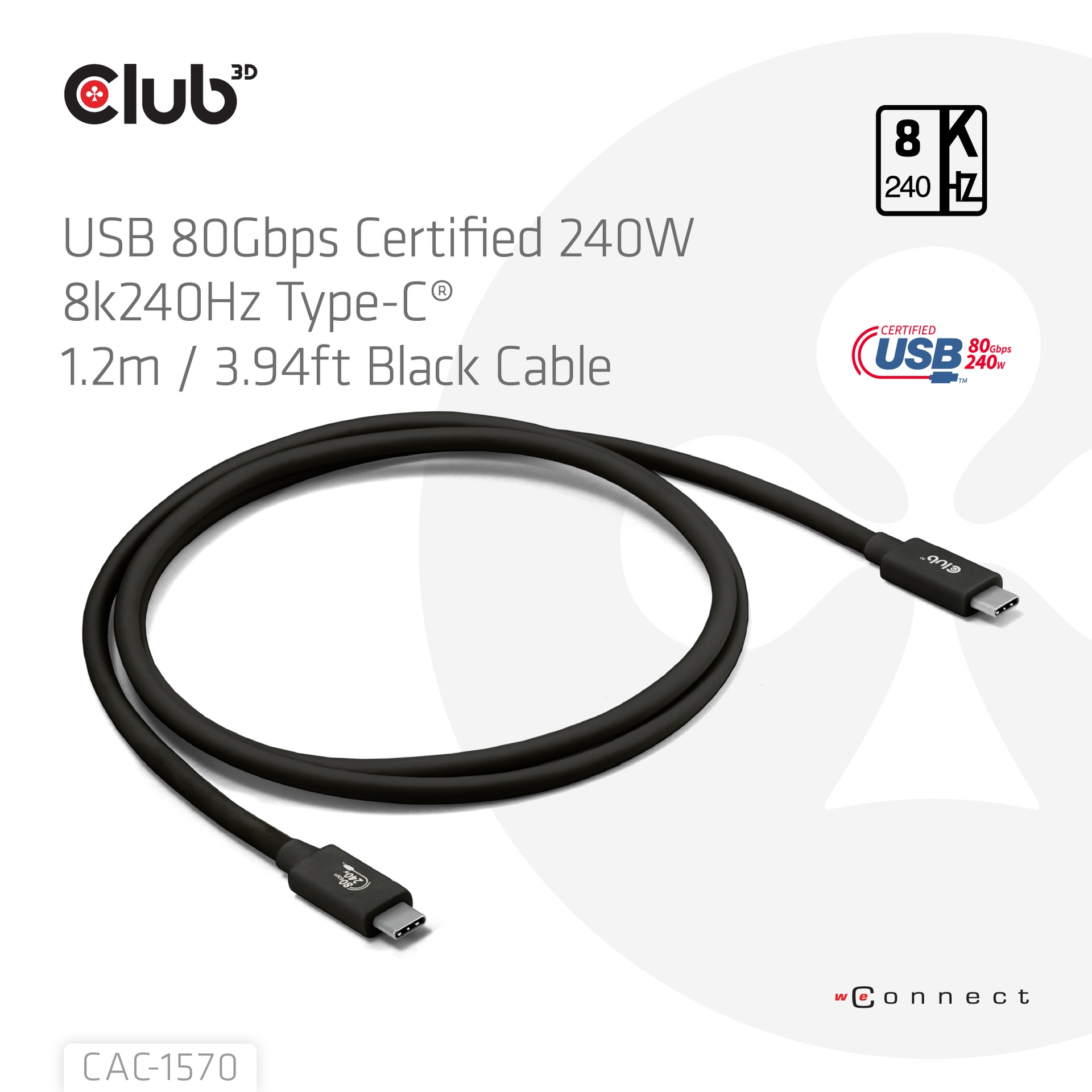 USB-C® 80Gbps Certified 240W 8K240Hz  1.2m / 3.94ft Black Cable - Image 2