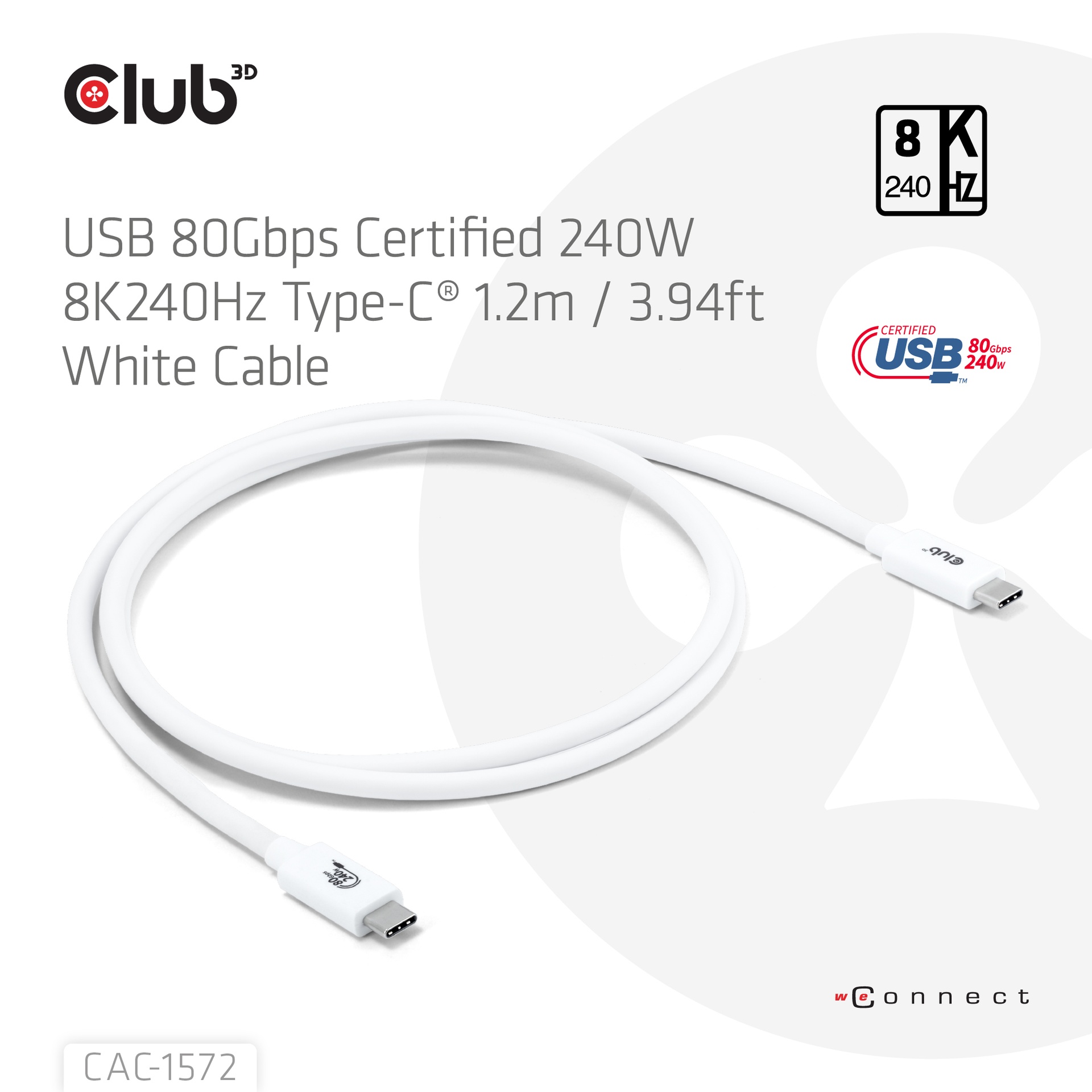 USB-C® 80Gbps Certified 240W 8K240Hz 1.2m / 3.94ft White Cable - Image 2