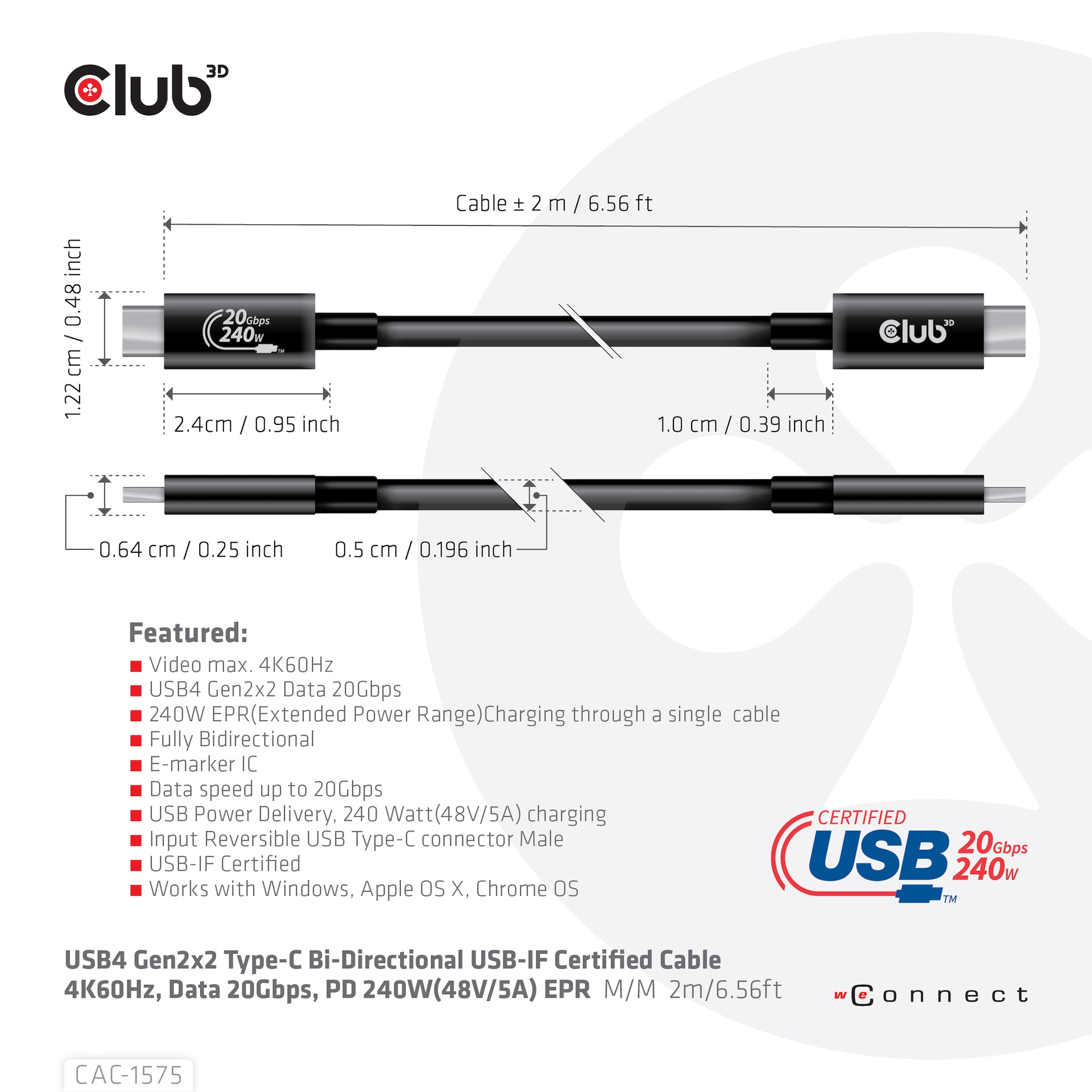 USB-C® 20Gbps USB-IF Certified Cable 4K60Hz, PD 240W(48V/5A) EPR M/M 2m/6.56ft USB GEN 2X2 - Image 3