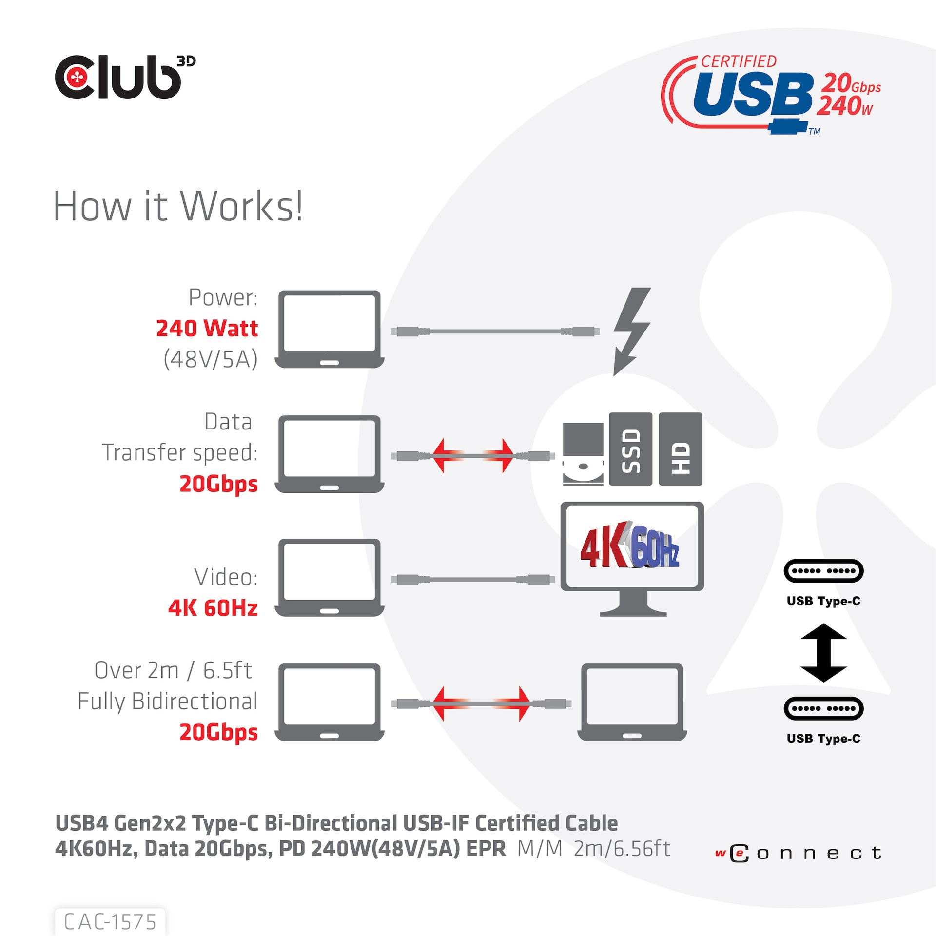 USB-C® 20Gbps USB-IF Certified Cable 4K60Hz, PD 240W(48V/5A) EPR M/M 2m/6.56ft USB GEN 2X2 - Image 6