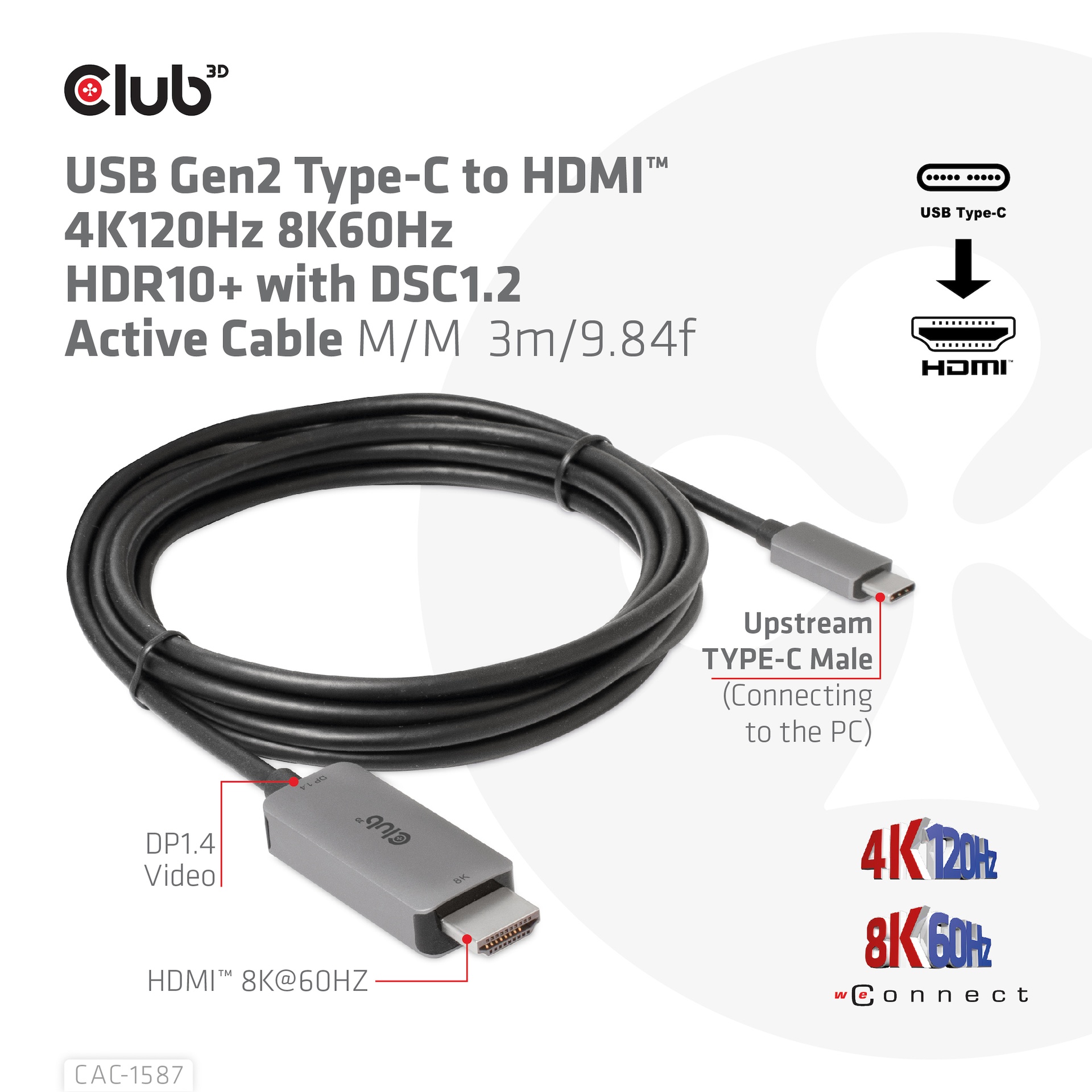 USB-C® to HDMI™ 4K120Hz 8K60Hz HDR10 with DSC1.2 Active Cable M/M 3m / 9.84ft GEN 2 - Image 2