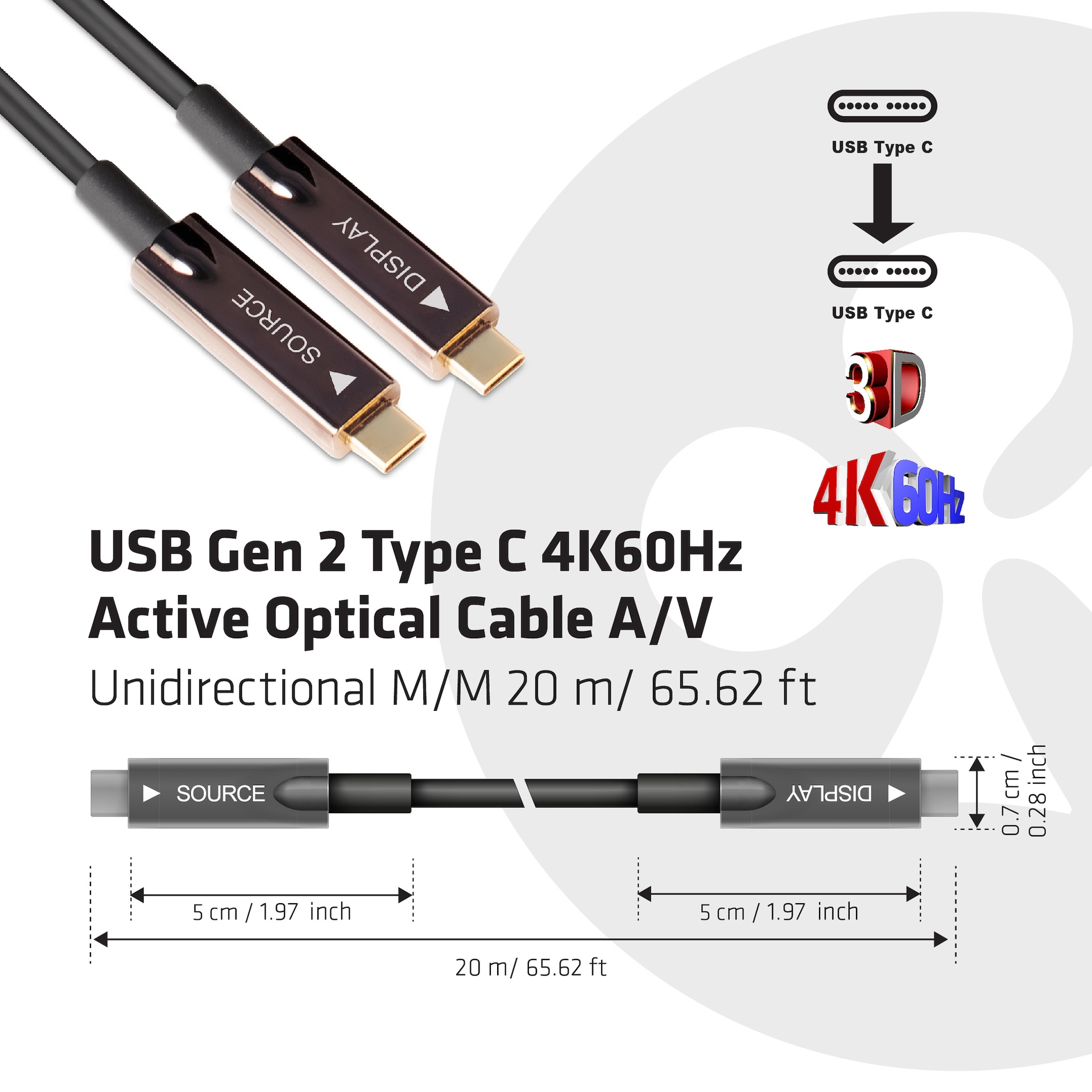 USB-C® Active Optical Cable A/V Unidirectional M/M 20 m/ 65.62 ft USB 3.2 Gen 2 (10 Gbps) - Image 2