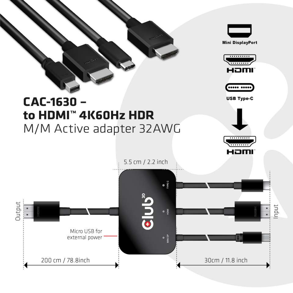 USB-C® + HDMI™ + MiniDisplayPort™ 1.2 to HDMI™ 4K60Hz HDR M/M Active Adapter 32AWG - Image 2