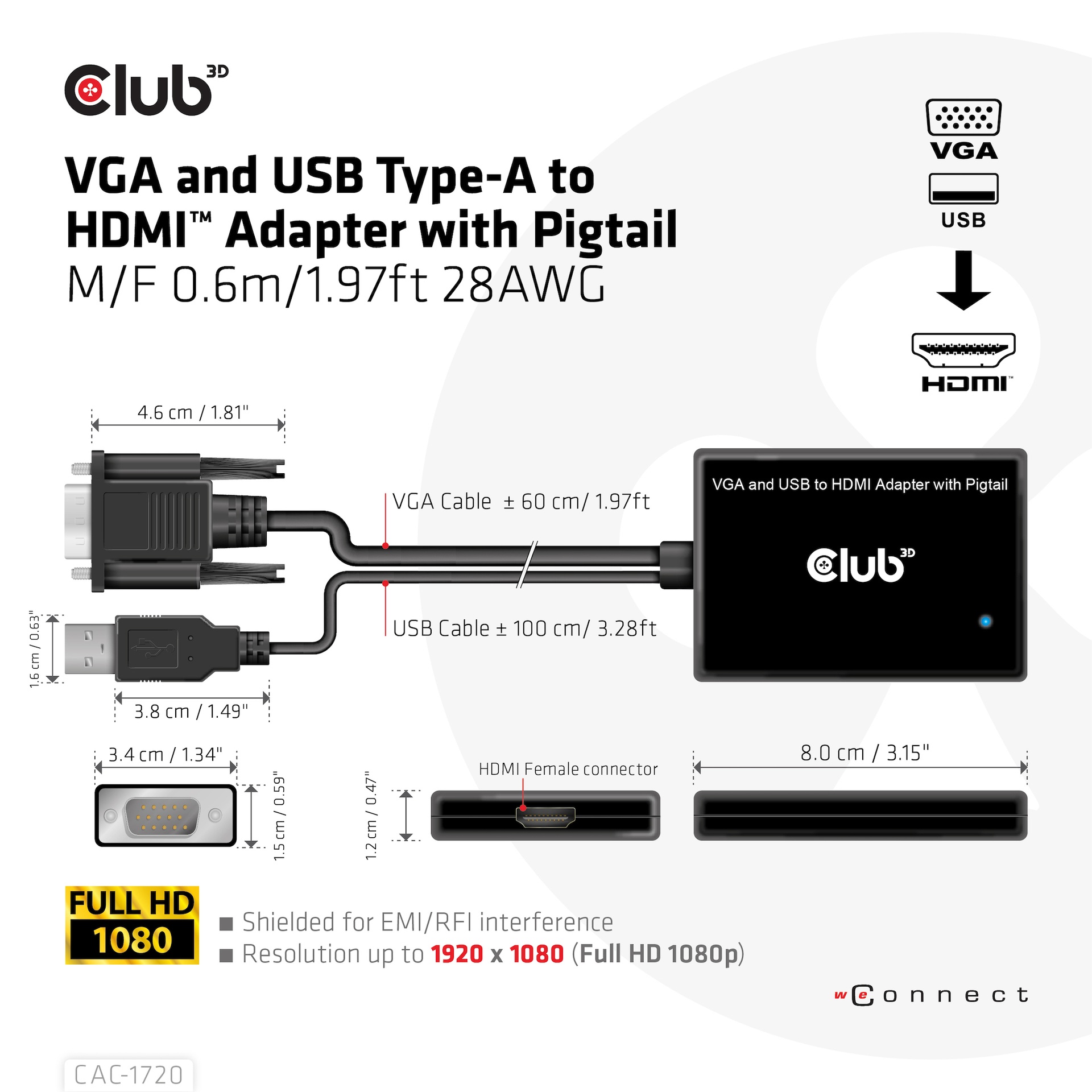 VGA and USB-A to HDMI™ Adapter with Pigtail M/F 0.6m/1.97ft 28AWG - Image 3