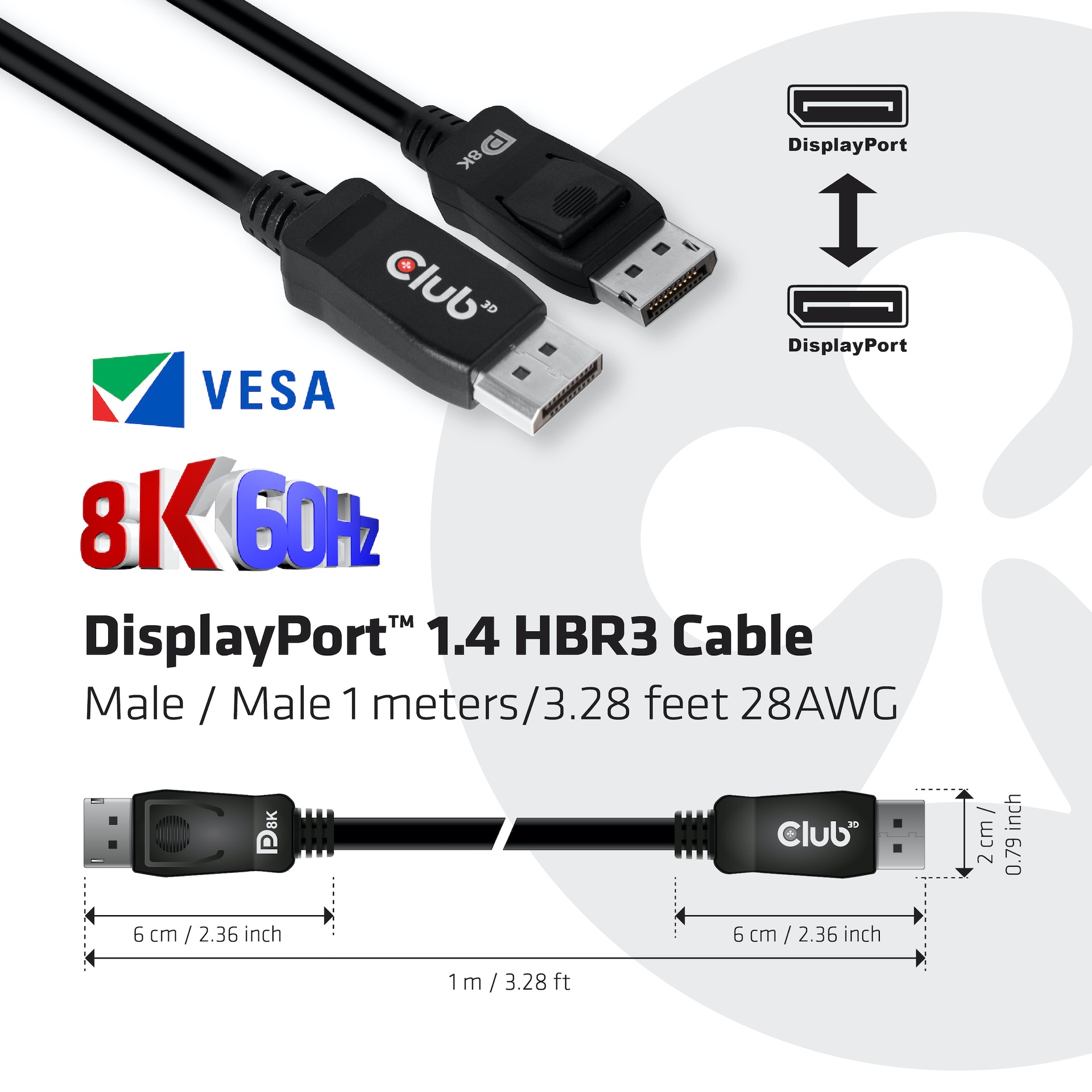 DisplayPort™ 1.4 HBR3 Cable Male/Male 1m/3.28ft 28AWG - Image 2