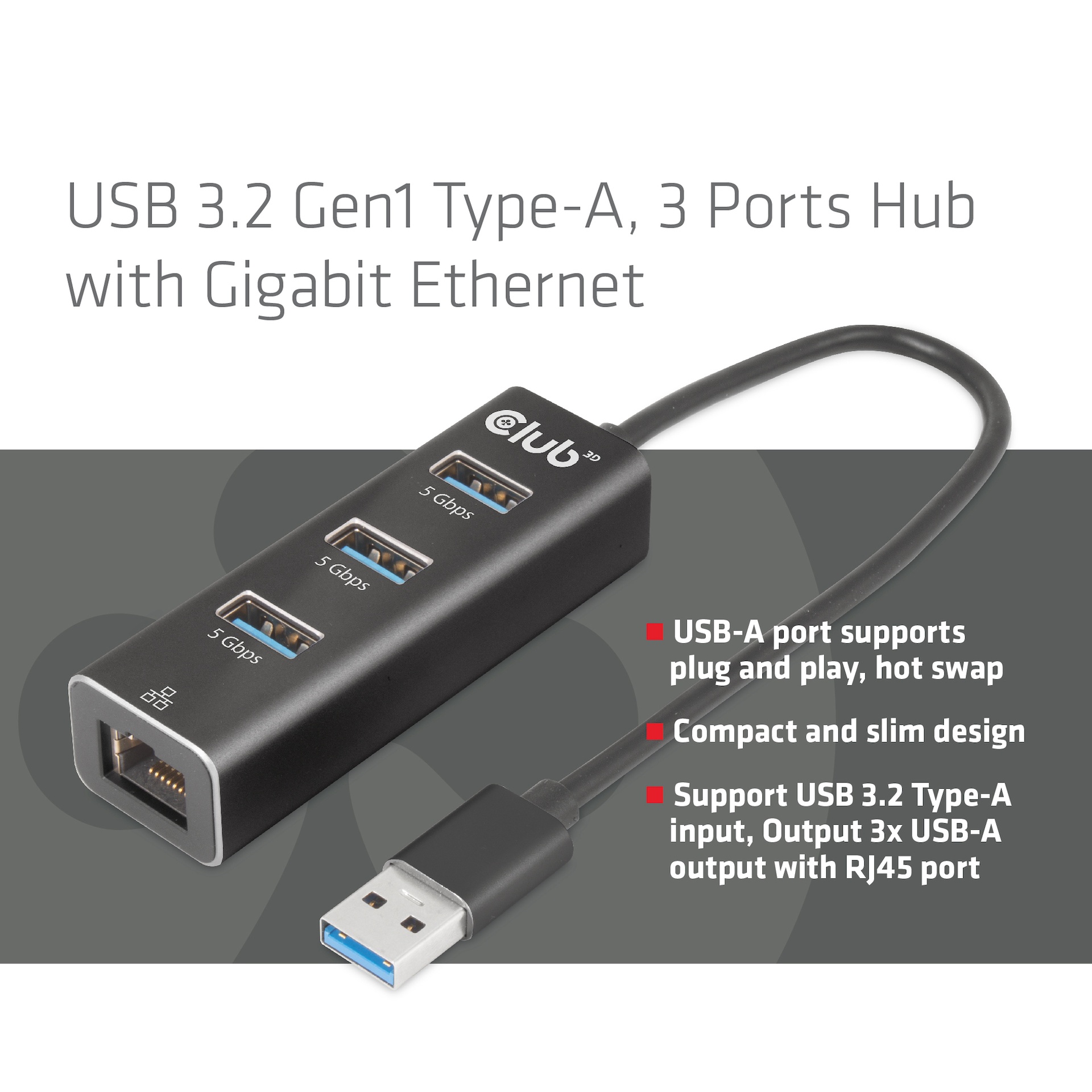 USB-A 5Gbps 3 Ports Hub Gigabit Ethernet - Image 2