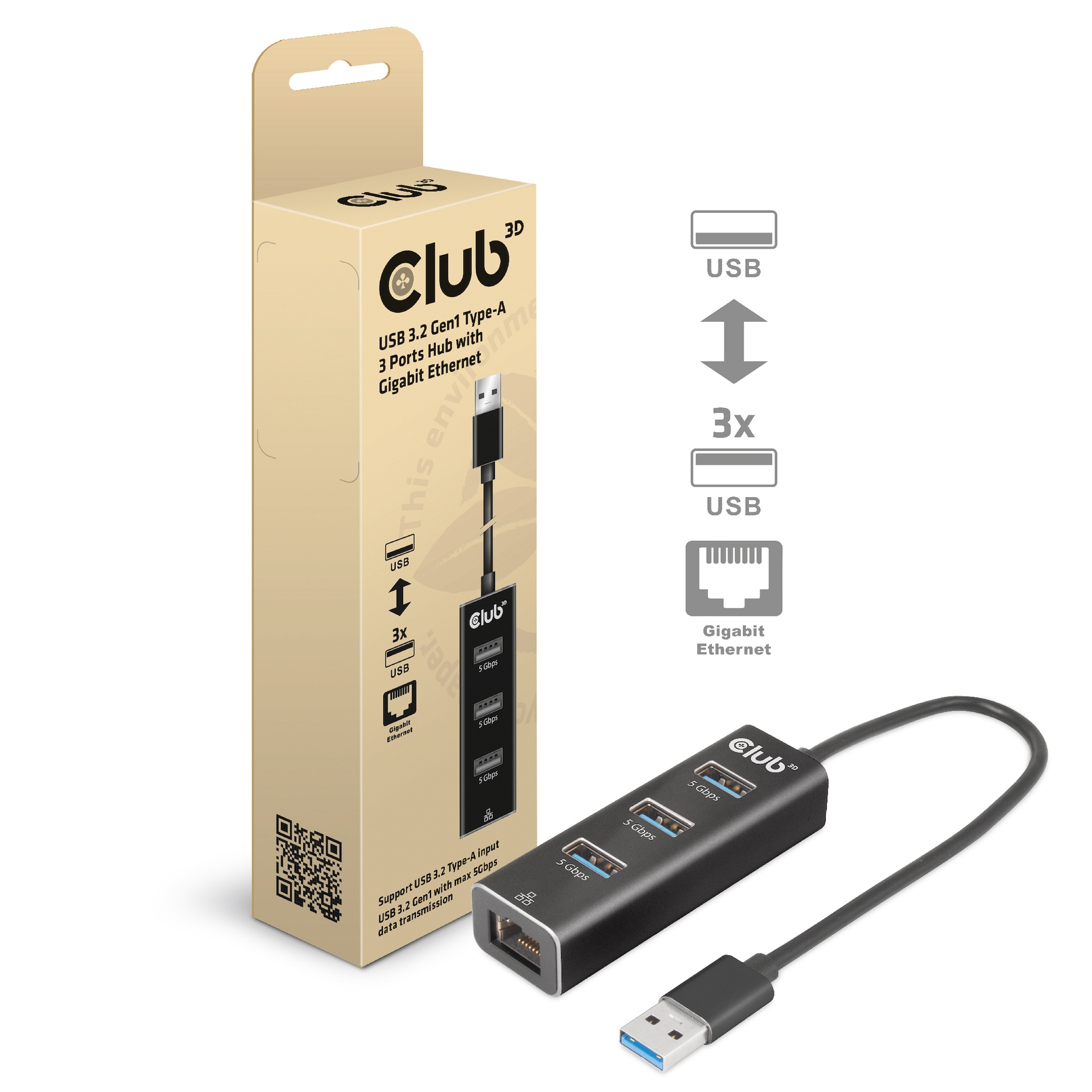 USB-A 5Gbps 3 Ports Hub Gigabit Ethernet