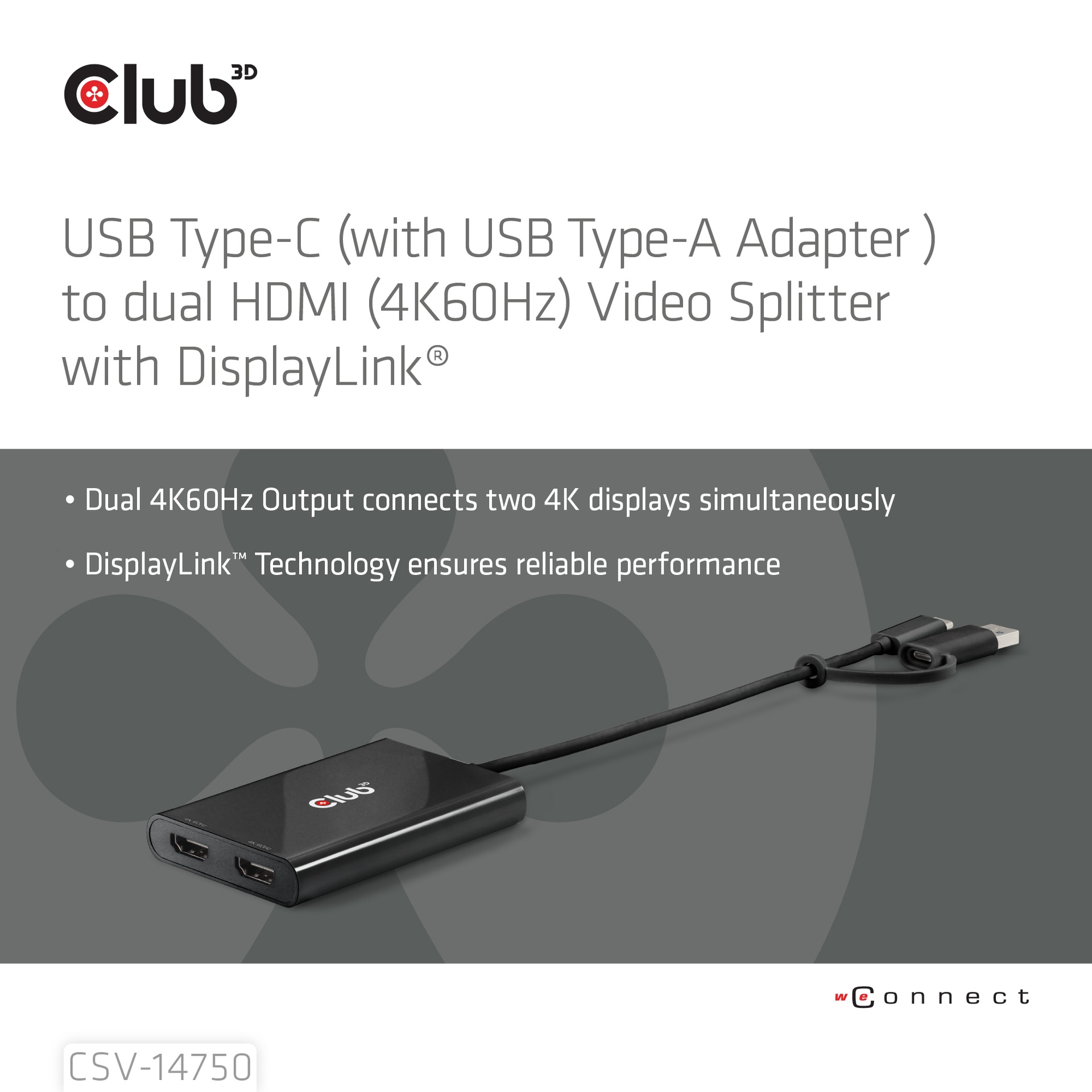 USB-C® (with USB-A Adapter) to dual HDMI™ (4K60Hz) Video Splitter with DisplayLink® - Image 2