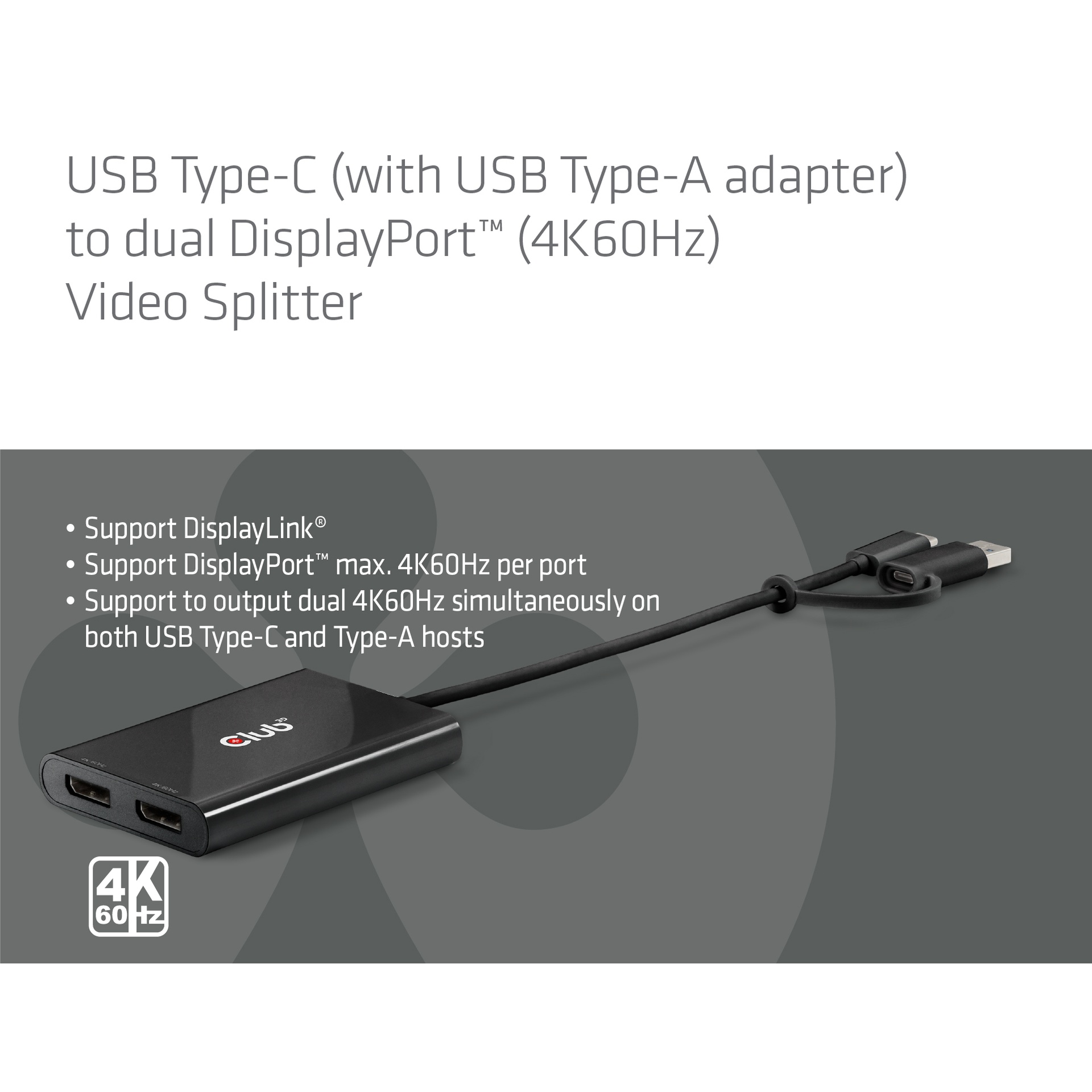USB-C® (with USB -A adapter) to dual  Displayport™(4K60Hz) Video Splitter - Image 2
