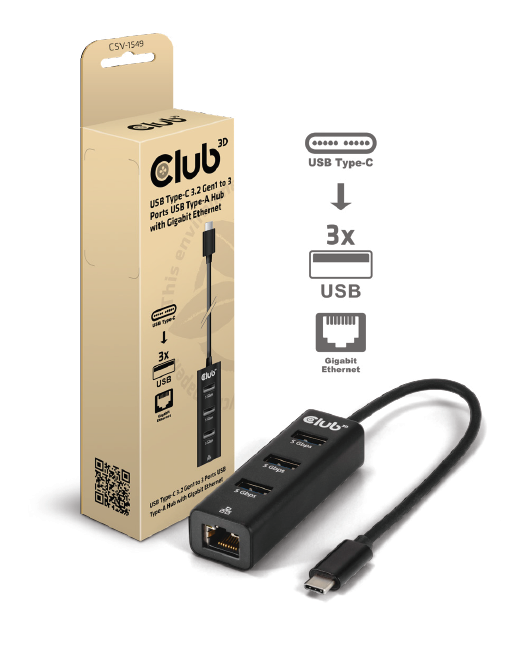 USB-C® 5Gbps to 3 Ports USB Type-A Hub with Gigabit Ethernet 3.2 GEN 1