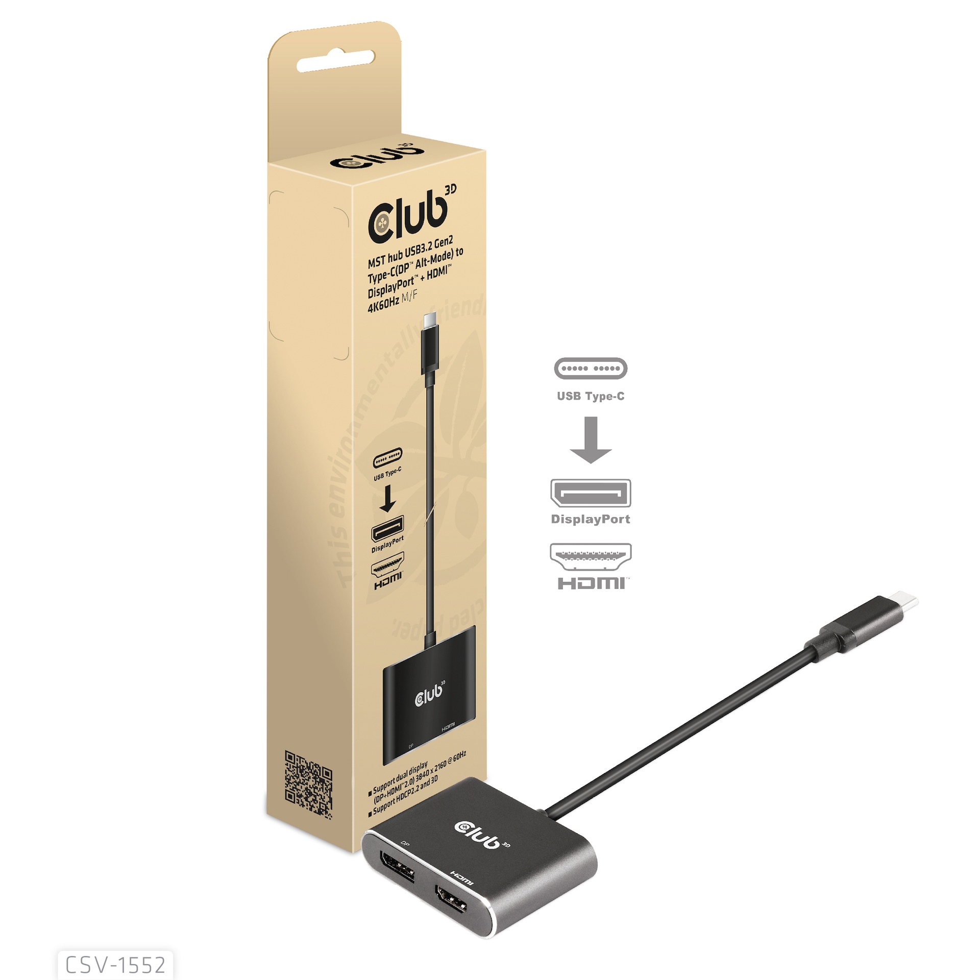 MST hub USB-C®(DP Alt-Mode) to DisplayPort™ + HDMI™ 4K60Hz M/F