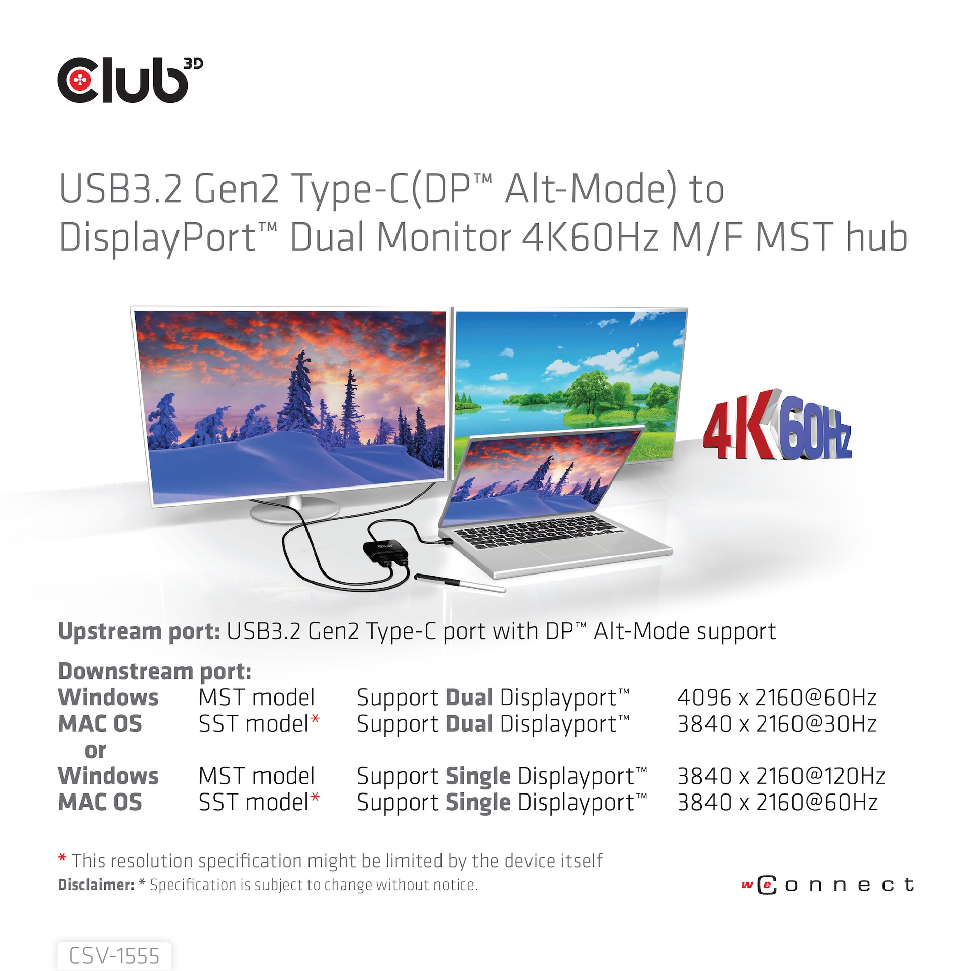 USB-C®(DP Alt-Mode) to DisplayPort™ Dual Monitor 4K60Hz M/F MST hub - Image 5