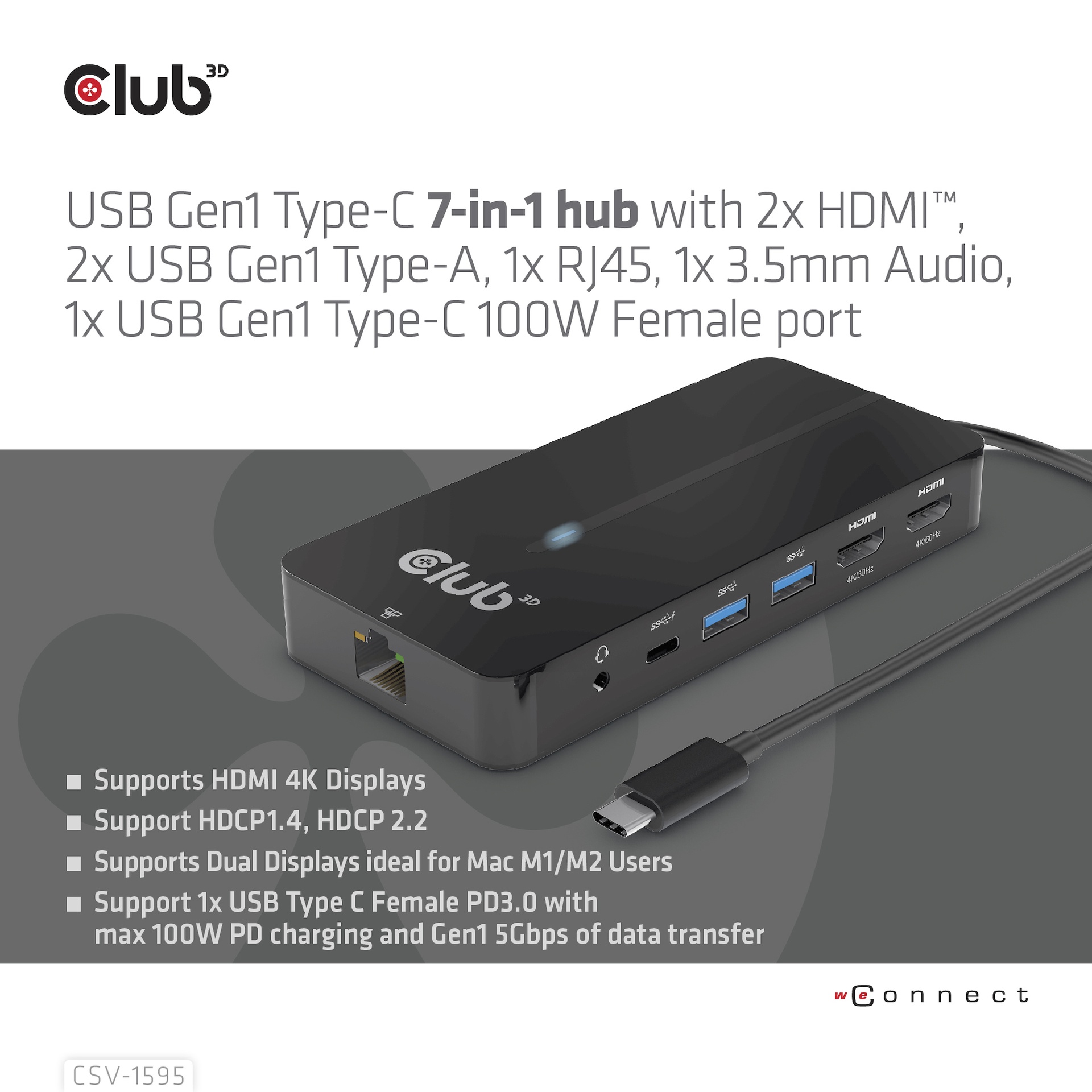 USB-C®5Gbps 7-in-1 hub with 2x HDMI™, 2x USB-A 5Gbps, 1x RJ45, 1x 3.5mm Audio, 1x USB-C® 5Gbps 100W Female port - Image 2