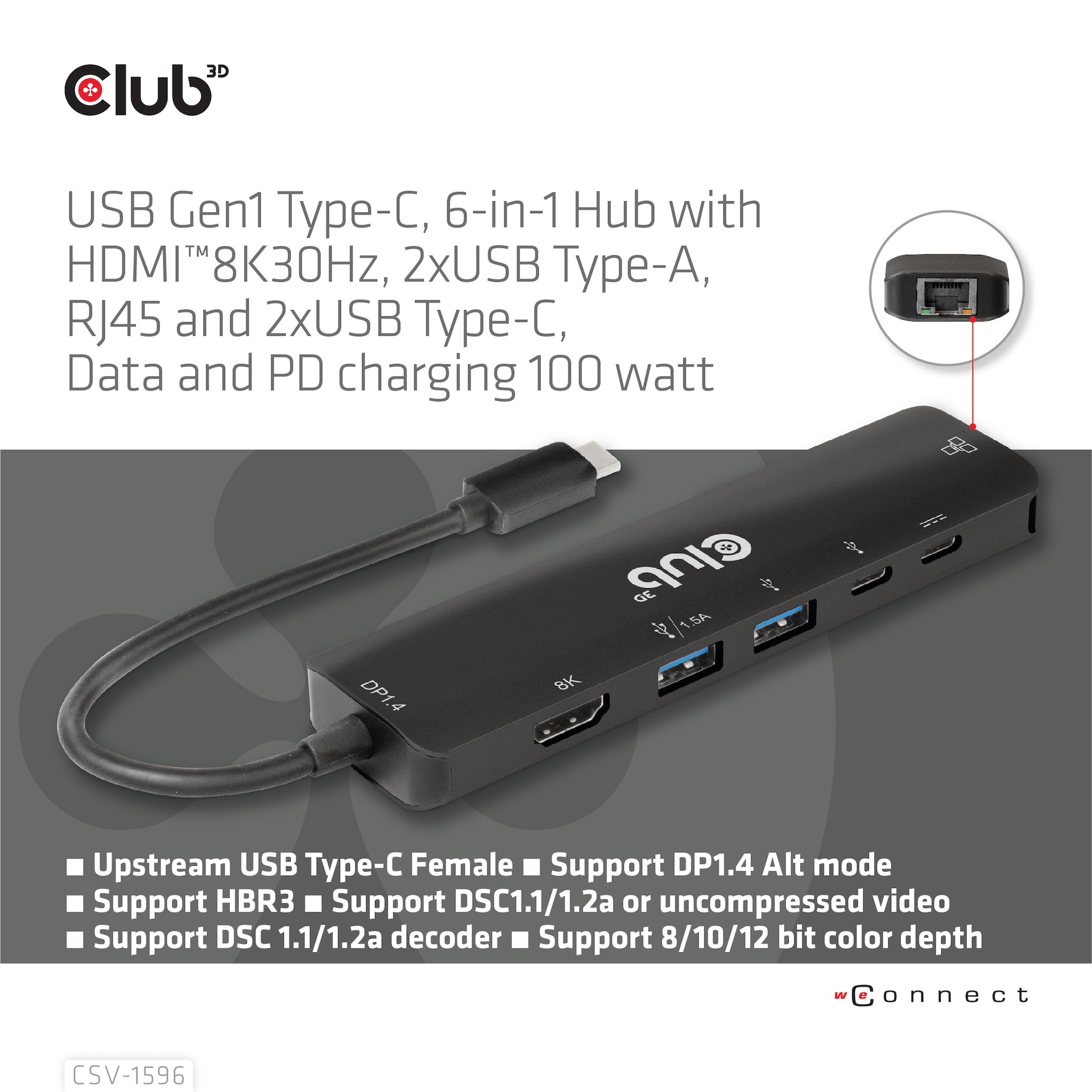 USB-C®5Gbps 6-in-1 Hub with HDMI™ 8K30Hz-4K120Hz, 2xUSB Type-A, RJ45 and 2xUSB-C®, Data and PD charging 100 watt - Image 3