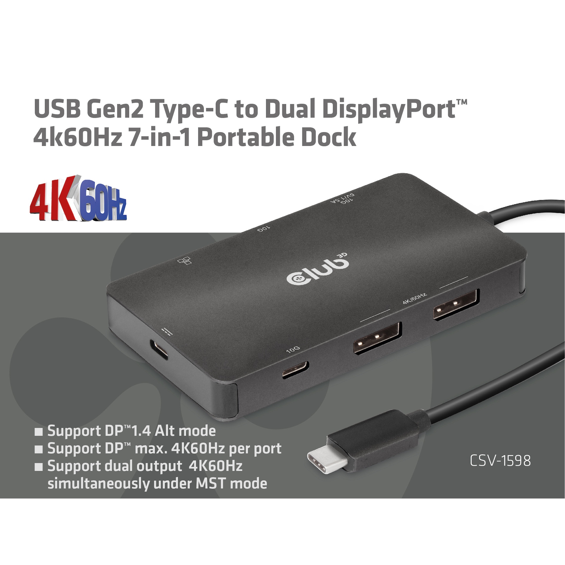 USB-C®10 Gbps to Dual DisplayPort™ 4K60Hz 7-in-1 Portable Dock - Image 2