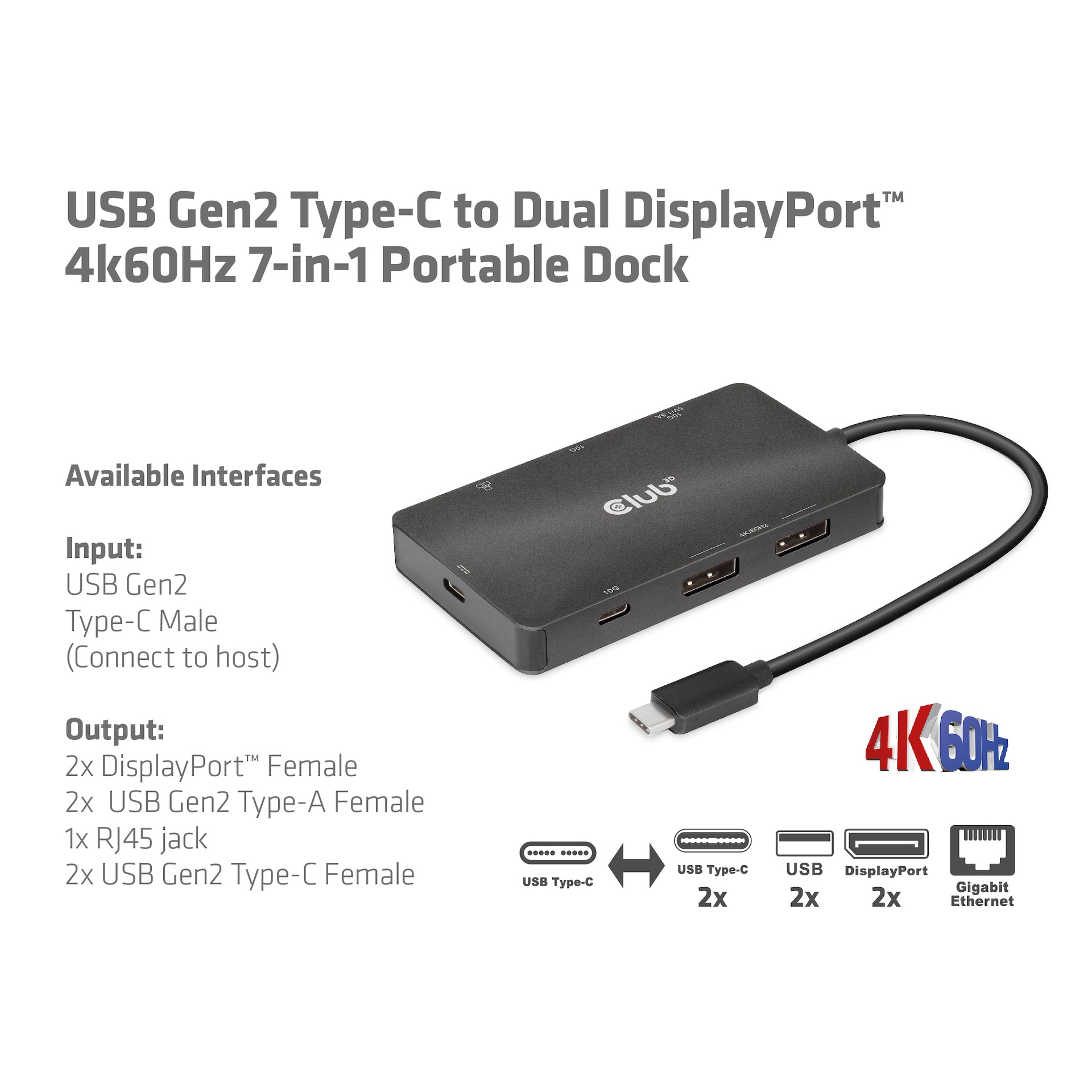 USB-C®10 Gbps to Dual DisplayPort™ 4K60Hz 7-in-1 Portable Dock - Image 3
