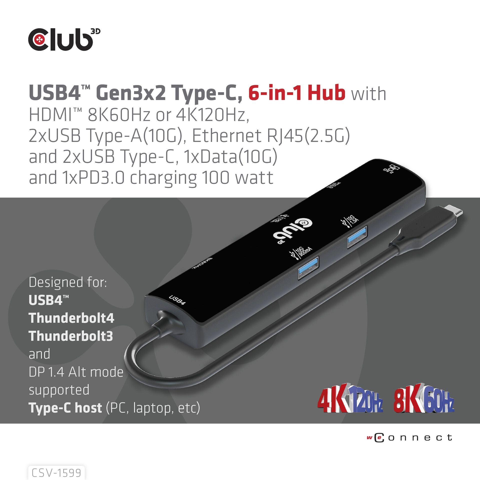 USB-C®10Gbps, (USB 4) 6-in-1 Hub with HDMI™ 8K60Hz or 4K120Hz, 2xUSB Type-A(10G), Ethernet RJ45(2.5G) and 2xUSB-C®, 1x Data(10G) and 1xPD3.0 charging 100 watt - Image 2